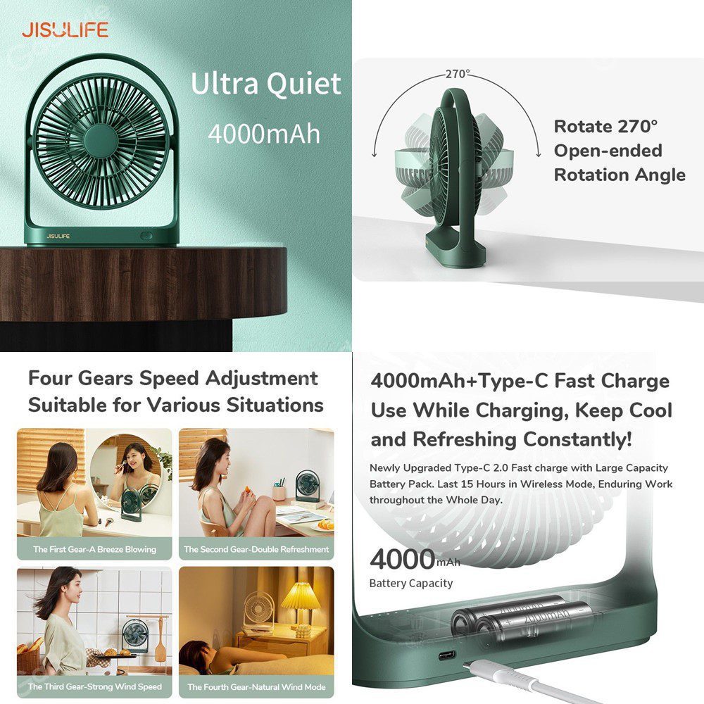 jisulife fa19 usb portable rechargeable fan 4000mah battery with type c charging port 3