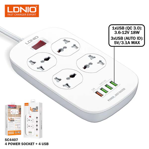 LDNIO SC4407 Power Socket 4 USB Charger With Power Extension Cord 1 1