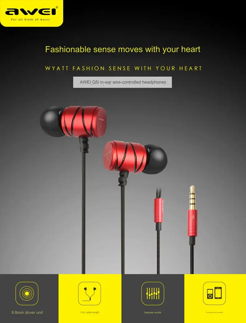 AWEI Q5I Supper Bass In Ear 3.5mm Earphone with Mic 1