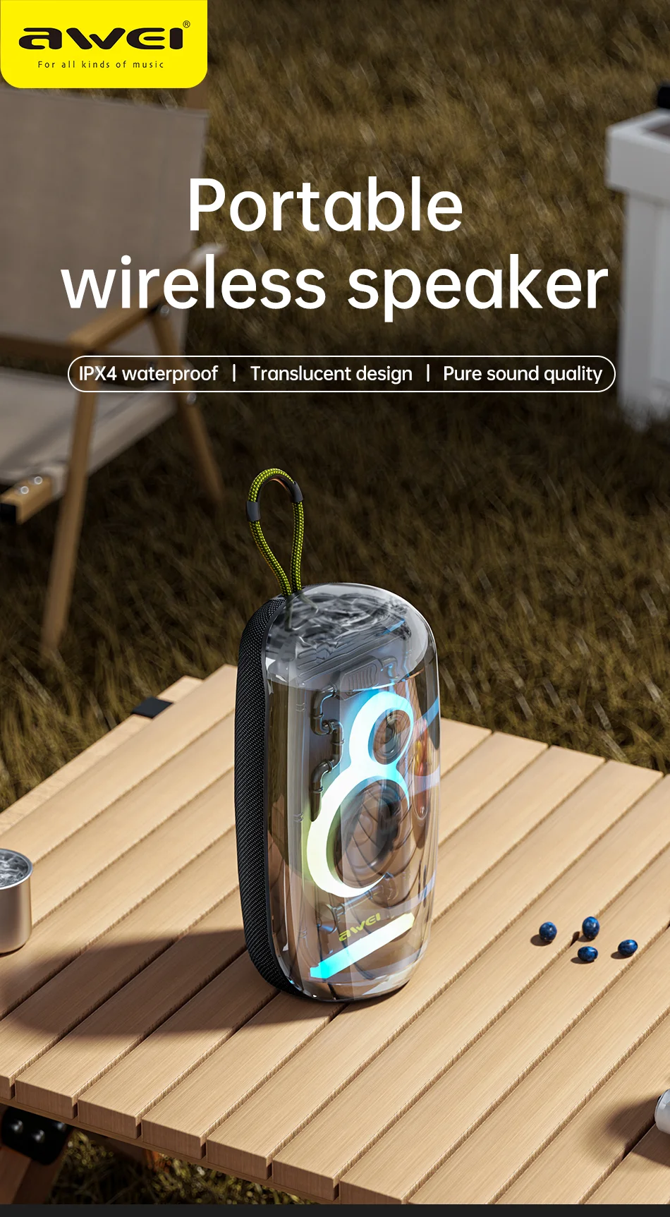 AWEI KA32 Waterproof Bluetooth Speaker TWS Pairing Music Player Subwoofer with Colorful Light