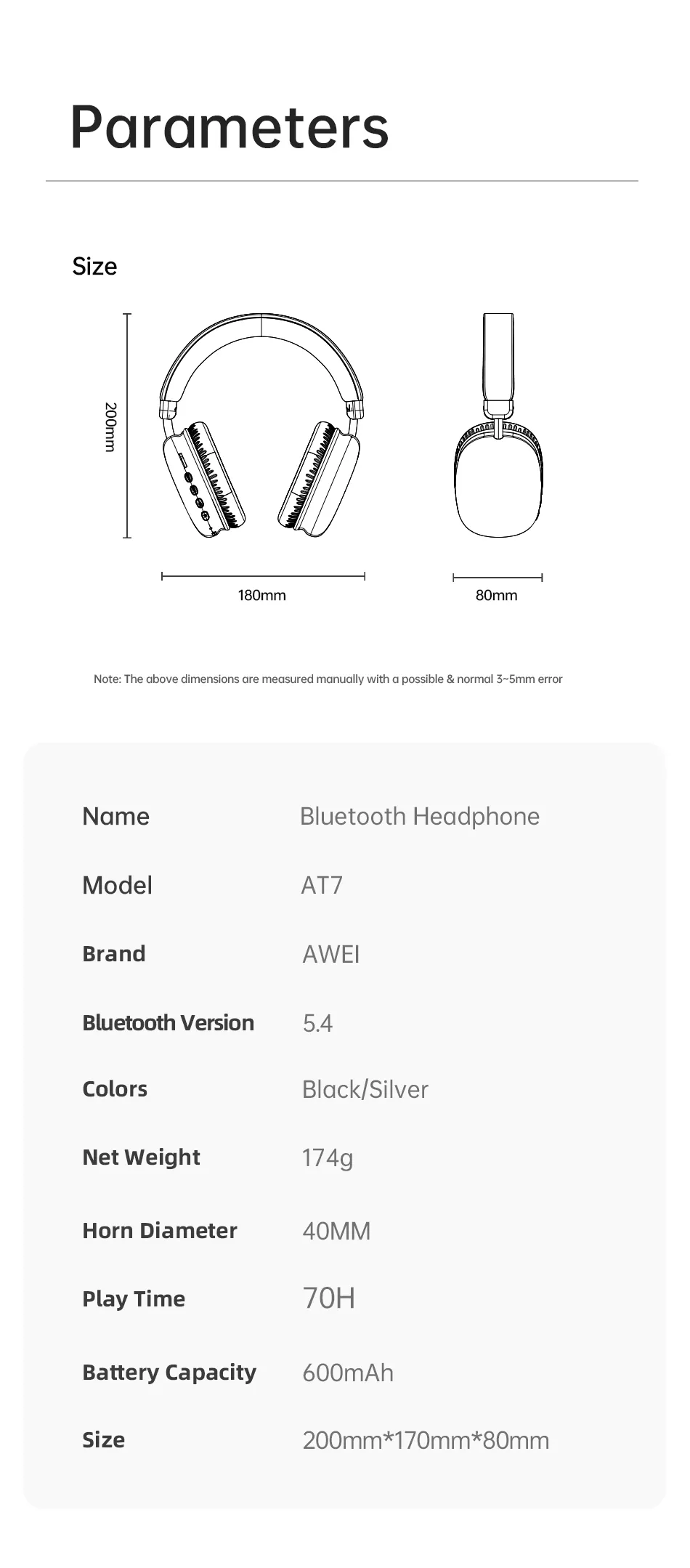 Awei AT7 Bluetooth Headphone 6