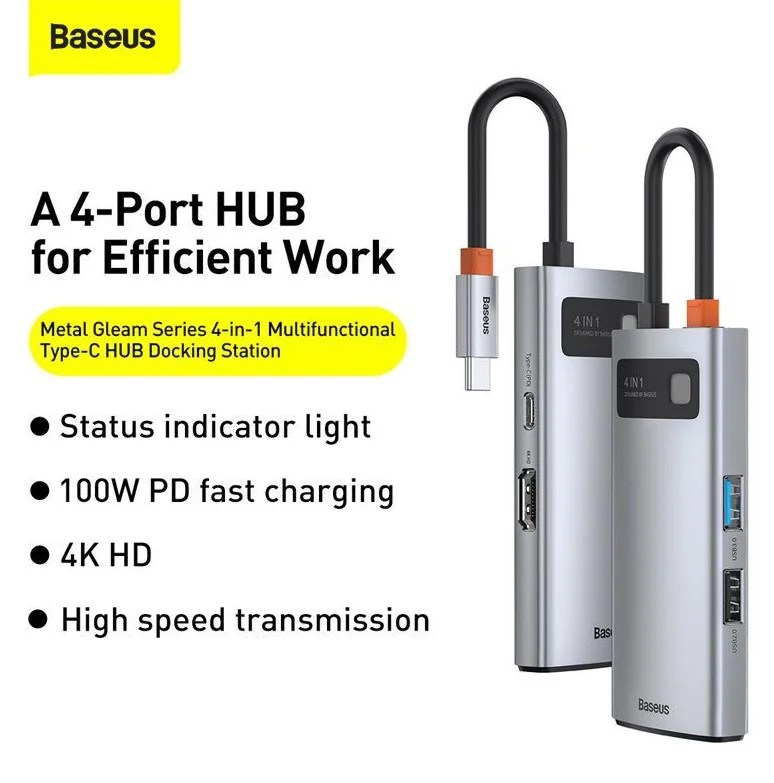 Baseus Metal Gleam Series 4 in 1 Multifunctional Type C HUB Docking Station Gray sew 1