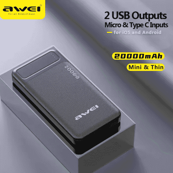 Awei P6K 20000mAh Mini Portable Dual USB Polymer Power Bank