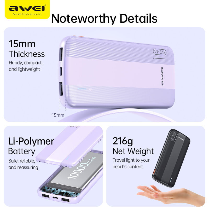 Awei P20K Dual Output 10000mAh Power Bank 2