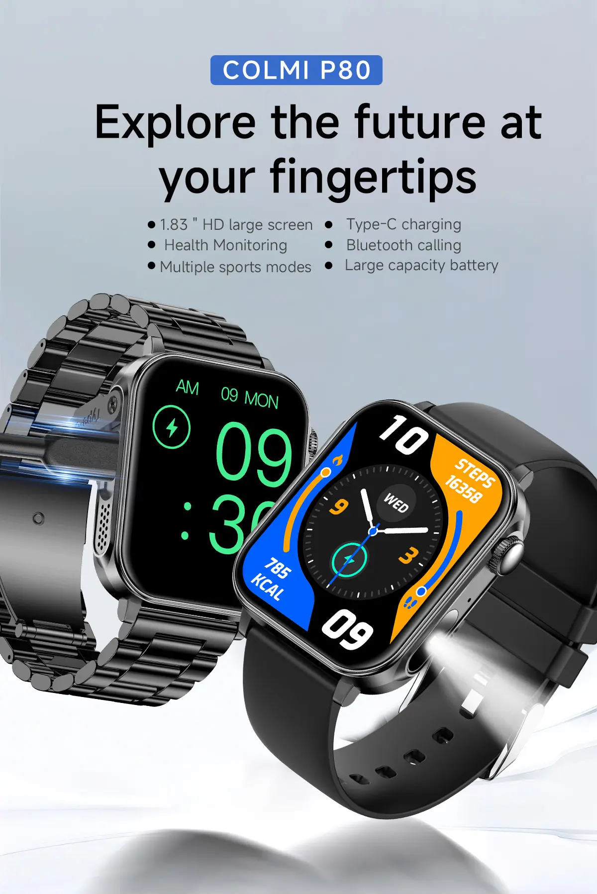 COLMI P80 Type-C Charging Smartwatch with Flashlight