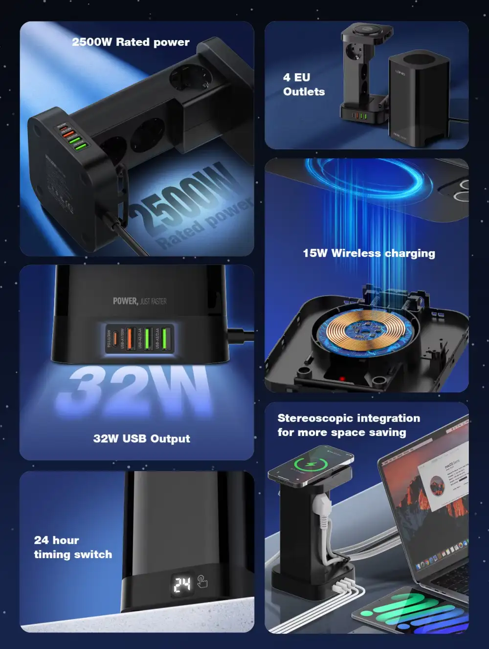 LDNIO SEW4485 Multiple 2500w Tower Power Strip 32W USB Output With Wireless Charging 1