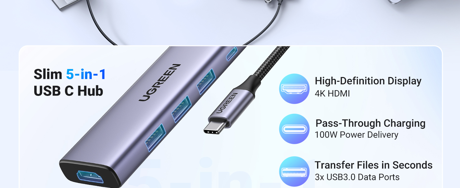 UGREEN 15596 Revodok USB C Hub 5 in 1 3xUSB A 3.0 HDMI PD 4K@30Hz 3