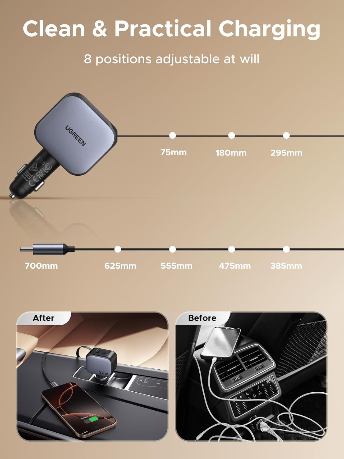 UGREEN 60W 2C1A Car Charger with Retractable Cable EC602 55212 6