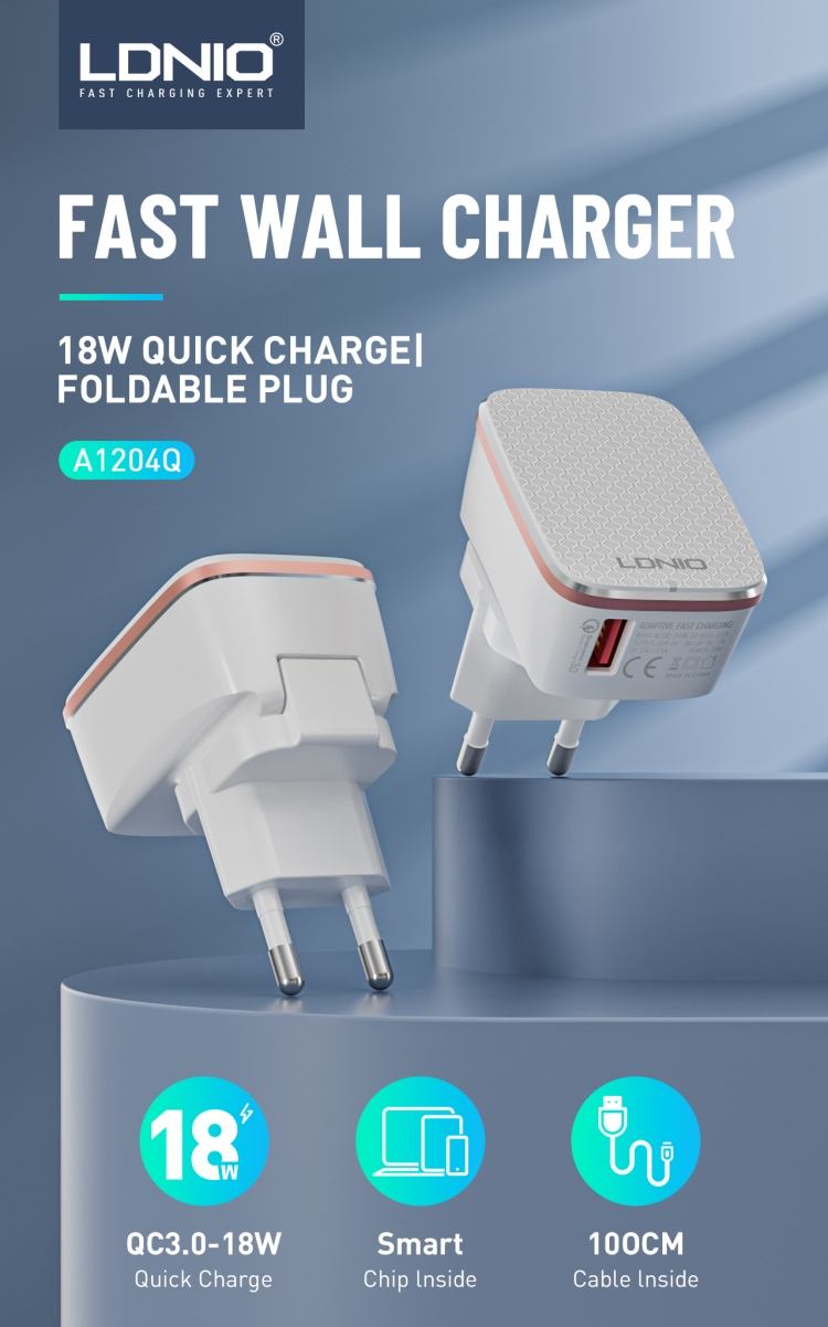 LDNIO A1204Q Fast Wall Charger 18W Quick Charge MICRO TYPE C QC3.0 Single USB Port Adapter UK Plug Original with Cable 1