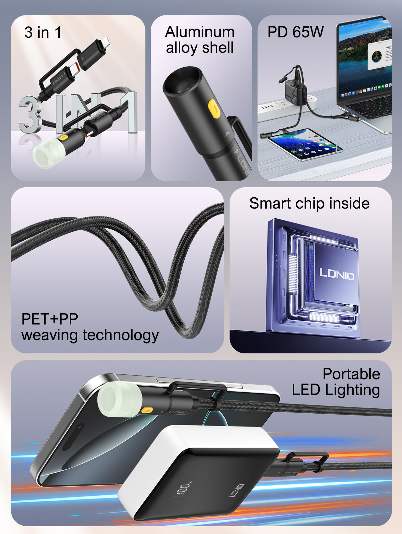 LDNIO LC19 65W 3 in 1 Super Fast Charging Data Cable With Portable LED Lighting 1