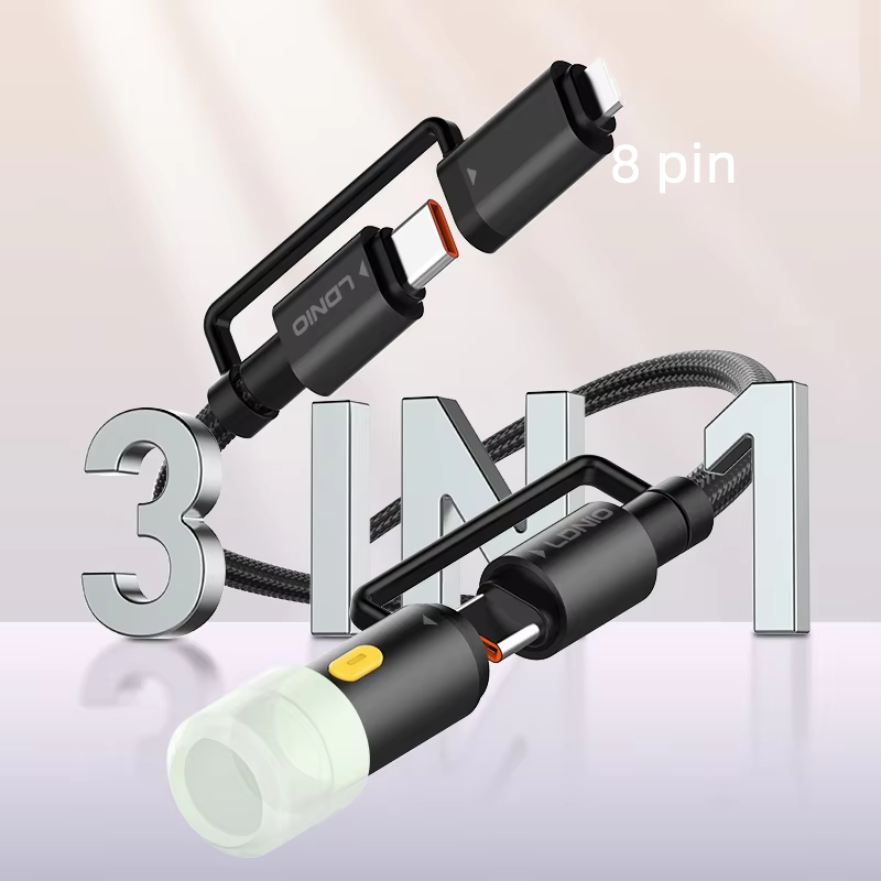 LDNIO LC19 65W 3 in 1 Super Fast Charging Data Cable With Portable LED Lighting 1