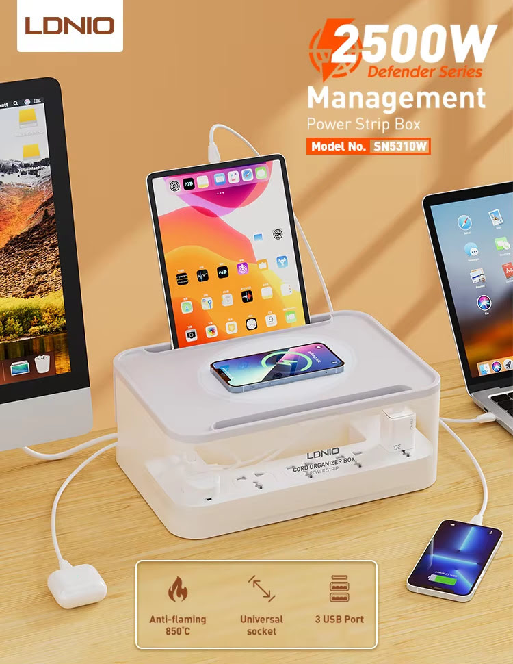 LDNIO SN5310W US EU Storage Box 15W Wireless 2M USB PD Surge Protector Outlet Extension 1