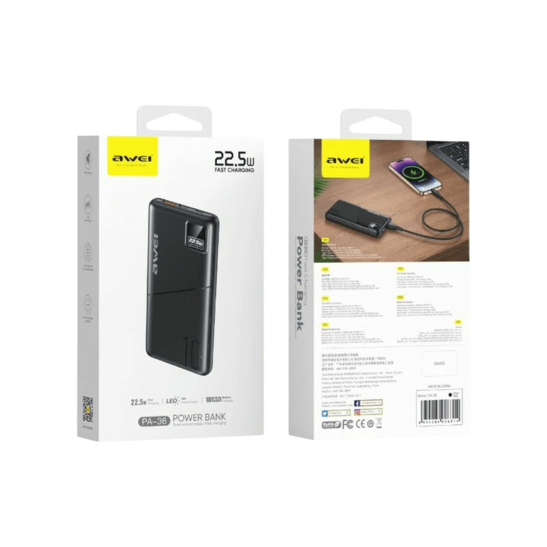 Awei PA-36 22.5W PD Fast Charging Digital Power Bank 10000mAh