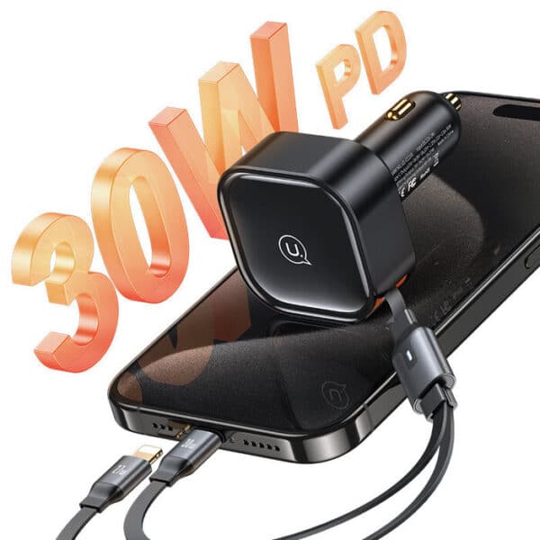 USAMS US-CC219 C41 30W Car Charger With 2IN1 Retractable Cable Type-C+Lightning