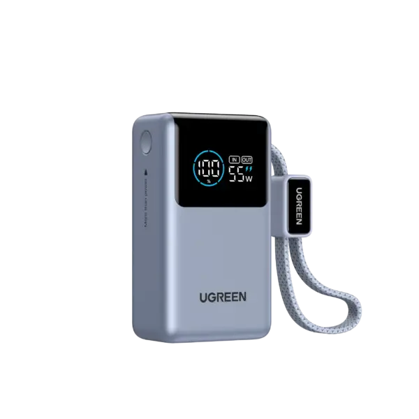• UGREEN PB727 (75701) Nexode Pro 55W 10000mAh Mini Power Bank is a compact yet high-performance portable charger engineered for fast, intelligent, and convenient power delivery. Featuring up to 55W ultra-fast charging, a built-in USB-C cable, and a smart digital display, it provides powerful charging performance in a travel-friendly size. Built with high-density 21700 lithium-ion battery cells, it ensures efficient energy conversion, durability, and safe charging for smartphones, tablets, and even USB-C laptops. • 55W Ultra-Fast Charging Output delivers high-power charging suitable for smartphones, tablets, gaming devices, and compatible USB-C laptops, with both the built-in USB-C cable and USB-C port supporting up to 55W when used individually. • Built-In USB-C Cable for Maximum Convenience features a durable 22cm nylon-braided cable that doubles as a carrying strap, rated for over 10,000 bends and insertions while eliminating the need for extra cables. • 10,000mAh High-Density Battery uses advanced 21700 lithium-ion cells to provide reliable multi-device charging with an excellent balance between portability and capacity, while remaining airline-safe for travel. • 1.18-Inch Smart Digital Display shows real-time battery percentage, charging wattage, and input/output status, allowing precise monitoring of power usage and charging performance. • Simultaneous Multi-Device Charging supports charging up to three devices at once via the built-in USB-C cable, USB-C port, and USB-A port, with intelligent power distribution for stable performance. • Wide Fast Charging Compatibility supports multiple protocols including PD 3.0, QC 3.0, SCP, FCP, Samsung 45W Fast Charging, and POCO 55W charging, ensuring compatibility across major device brands. • Advanced Safety Protection System incorporates dual intelligent protection chips with safeguards against over-voltage, over-current, overheating, short circuits, and overcharging for secure operation. • Compact & Travel-Friendly Design offers powerful output in a mini form factor that easily fits into pockets, bags, or travel kits, making it ideal for daily commuting, business trips, and outdoor use. Specifications Product Name: UGREEN Nexode Pro Mini Power Bank Model: PB727 SKU: 75701B Battery Capacity: • 10,000mAh Battery Type: • High-Density 21700 Lithium-ion Maximum Output: • 55W Ports: • Built-in USB-C Cable ×1 • USB-C Port ×1 • USB-A Port ×1 Simultaneous Charging: • Up to 3 Devices Display: • 1.18″ Smart Digital Screen Fast Charging Protocols: • PD 3.0 • QC 3.0 • SCP • FCP • Samsung 45W Fast Charging • POCO 55W Charging Dimensions: • 90.3 × 50.5 × 33.5 mm Weight: • Approx. 249 g Features: • 55W high-power fast charging • Built-in USB-C braided cable • Real-time digital power monitoring • Multi-device charging support • Intelligent safety protection system • Compact portable design Suitable For: • Smartphones & Tablets • USB-C Laptops • Gaming Devices • Travel & Daily Carry • Work & Business Use