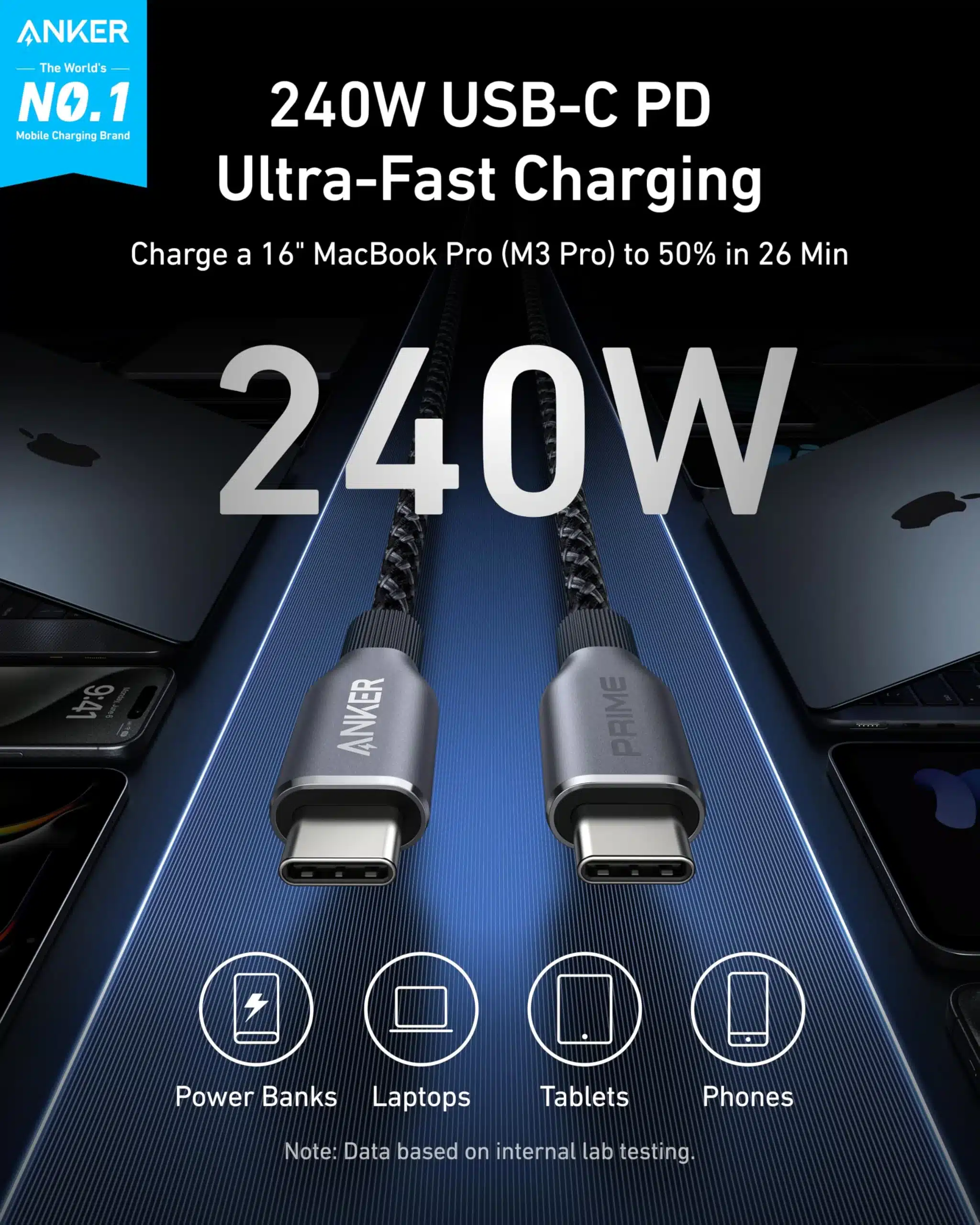 Anker A88E2 Prime USB C to USB C Cable 240W Upcycled Braided 1
