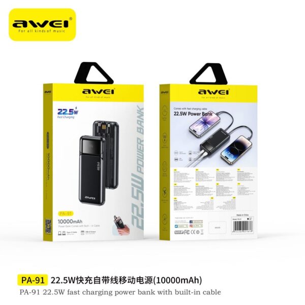 Awei PA-91 22.5W Fast Charging Power Bank with Built-in Cable 10000mAh