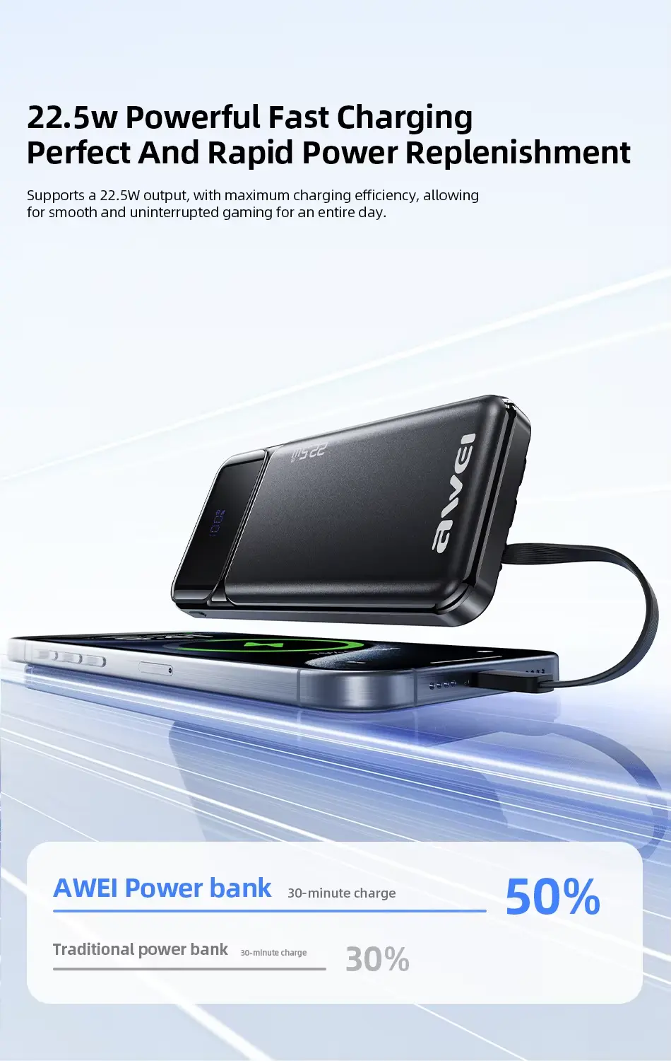 Awei PA 91 22.5W Fast Charging Power Bank with Built in Cable 10000mAh 1