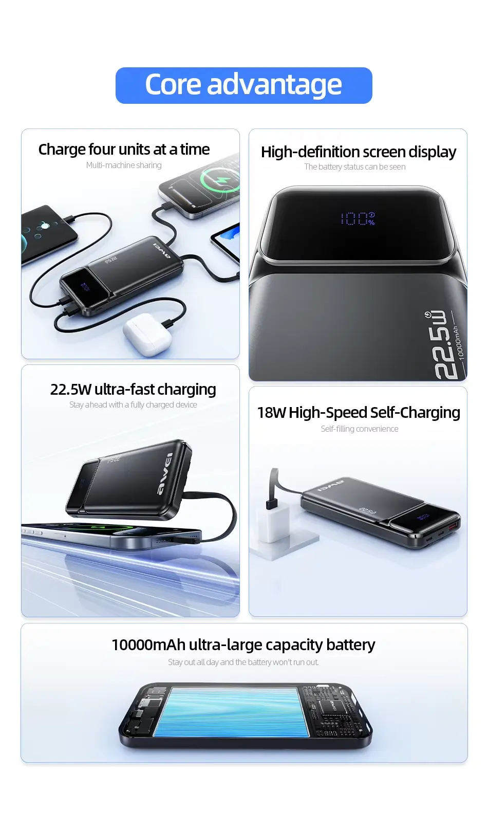 Awei PA 91 22.5W Fast Charging Power Bank with Built in Cable 10000mAh 2