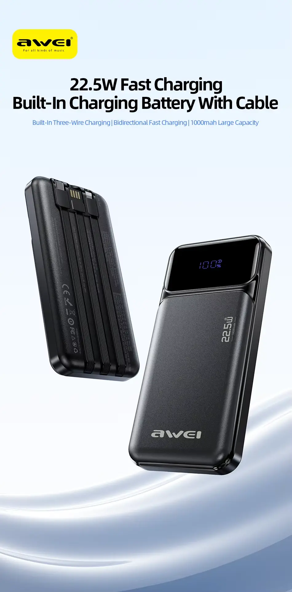Awei PA 91 22.5W Fast Charging Power Bank with Built in Cable 10000mAh 3