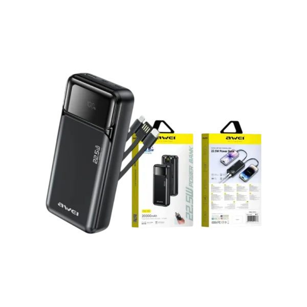 Awei PA-93 22.5W Fast Charging Power Bank with Built-in Cable 20000mAh