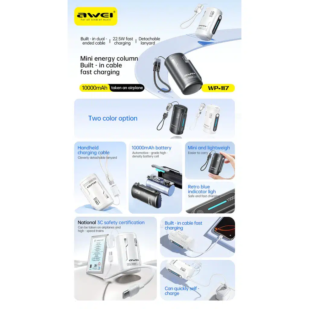 Awei WP 117 10000mAh Mini Powerbank 22.5W Fast Charging with Detachable Cable 1
