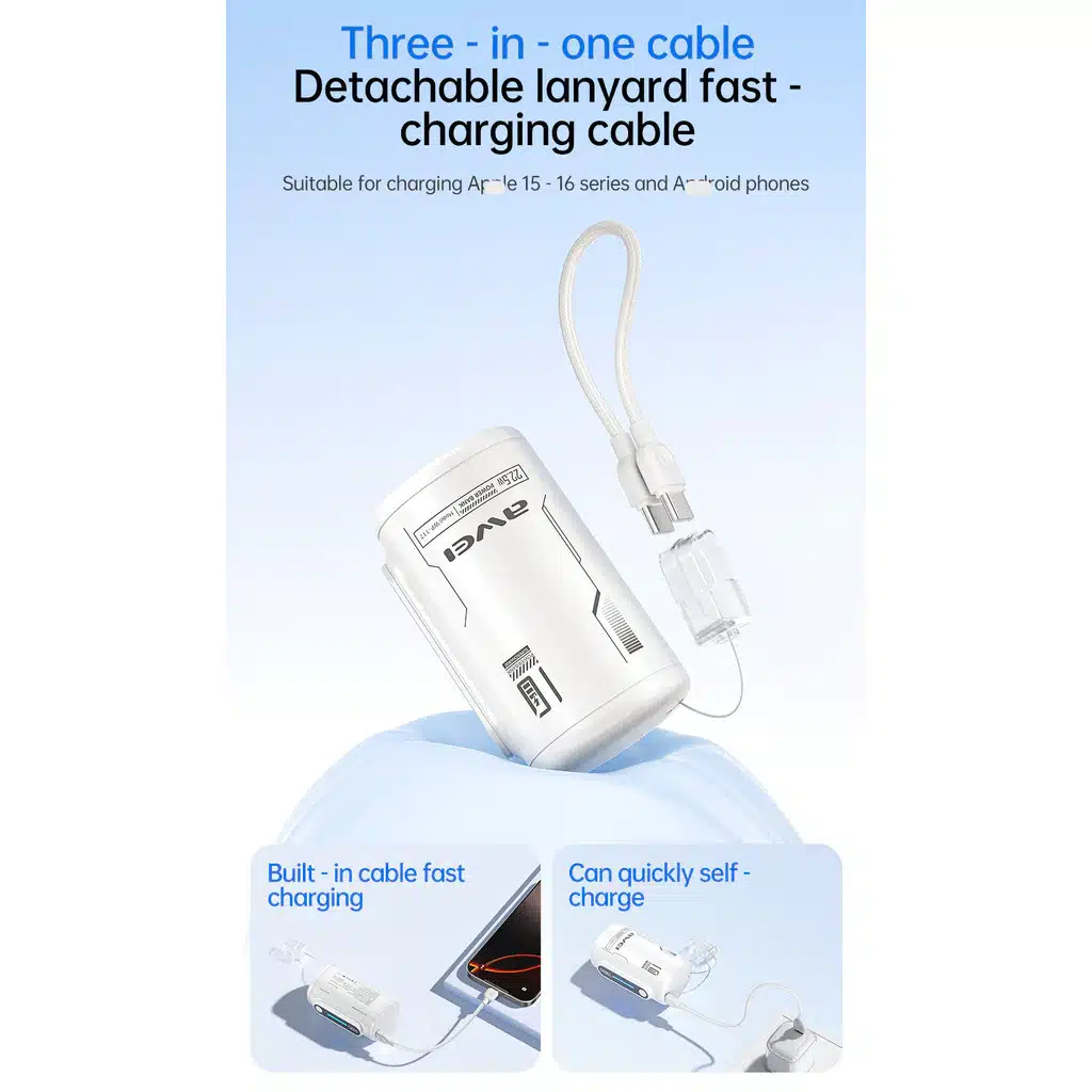 Awei WP 117 10000mAh Mini Powerbank 22.5W Fast Charging with Detachable Cable 2