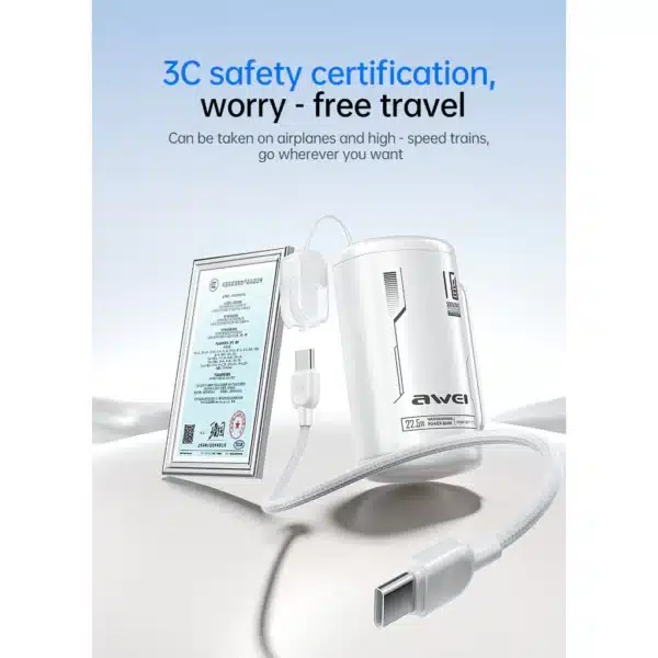 Awei WP-117 10000mAh Mini Powerbank 22.5W Fast Charging with Detachable Cable