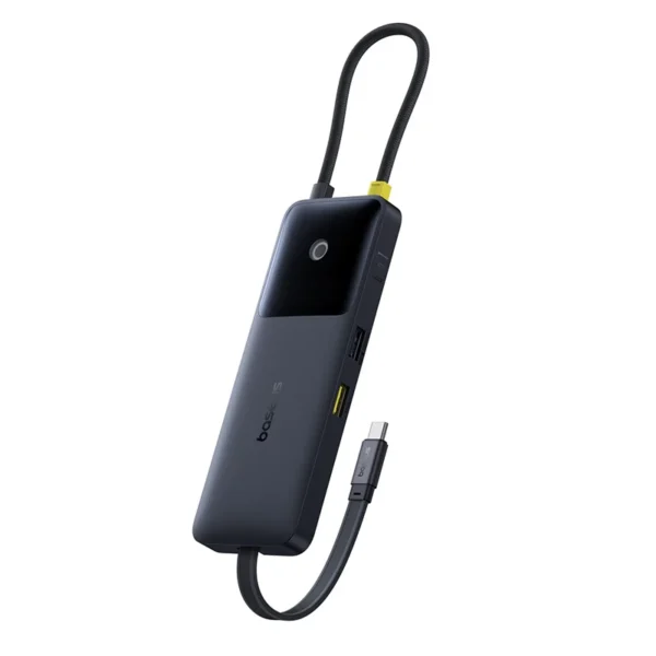 • Baseus Dual Fast Charging 6-in-1 HUB is a powerful multi-functional connectivity hub designed for professionals and creators who need high-speed data transfer, dual fast charging, and ultra-clear display output in a compact portable device. Featuring 100W + 20W smart power split charging, 4K@60Hz HDMI output, and up to 10Gbps data transfer speed, this Baseus hub delivers exceptional performance for laptops, tablets, and USB-C devices. Its premium build quality, LED digital display, and instant screen-off privacy function make it an ideal productivity tool for work, presentations, and multitasking setups. • 100W + 20W Dual PD Fast Charging Support delivers intelligent power distribution with smart power split technology, ensuring efficient and safe charging for multiple connected devices. • 4K Ultra HD HDMI Output (60Hz) provides crystal-clear visuals with smooth refresh performance, ideal for presentations, streaming, and external display setups. • Triple High-Speed Type-C Ports (Up to 10Gbps) enable ultra-fast data transfer across PD 100W, 10Gbps, and PD 20W Type-C channels for maximum productivity. • USB 3.0 / USB 3.2 High-Speed Data Transfer (Up to 10Gbps) ensures rapid file movement, reducing waiting time for large data transfers. • Baseus Patented Screen-Off Privacy Button allows instant display blackout with one press, ensuring privacy during meetings or public use. • Real-Time LED Digital Display provides live power and status monitoring for enhanced user control and convenience. • 6-in-1 Multi-Port Expansion Design includes USB-A, USB-C, HDMI, and dual Type-C ports to support multiple devices simultaneously. • Universal Type-C Compatibility works seamlessly with laptops, tablets, and smartphones including MacBook and iPad series. • Premium Aluminum + Plastic Build Quality ensures durability, heat resistance, and a sleek modern appearance. • Compact Portable Design makes it easy to carry for business travel, office use, and on-the-go productivity. Specifications Product Name: Baseus Dual Fast Charging 6-in-1 HUB Brand: • Baseus Materials: • Aluminium + Plastic Compatibility: • iPad Air, iPad Pro, MacBook Air, MacBook Pro, USB Type-C devices Ports / Connectors: • 2× USB Type-C (Female) • 2× USB Type-A (Female) • 1× HDMI (Female) • 2× USB Type-C (Male) Output Ports: • 2× USB-A (5V/0.5A, 5V/0.9A) • 1× USB-C (F) • 1× USB-C (M) USB Version: • USB 3.0 / USB 3.2 Data Transfer Speed: • Up to 10Gbps • 480Mbps (secondary lanes) Video Output: • HDMI 4K @ 60Hz (Max Resolution) Power Delivery: • 100W + 20W Dual PD Fast Charging (Smart Power Split) Output Voltage: • 5V – 20V Features: • 6-in-1 multi-port expansion • 100W + 20W fast charging • 4K@60Hz HDMI output • Up to 10Gbps data transfer • LED digital display • Instant screen-off privacy button • Compact portable design