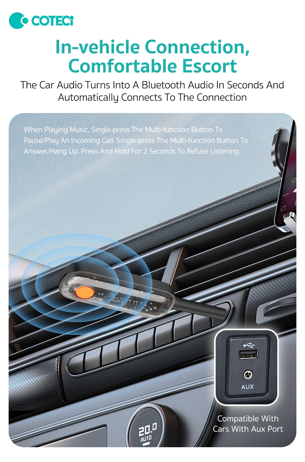 COTECi MS 012 3.5mm Aviation Audio Plug and 3.5mm Bluetooth Transceiver 1
