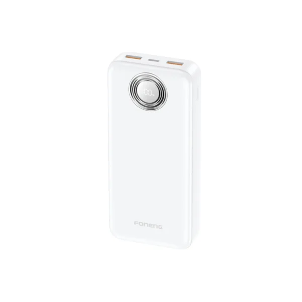 • Foneng PX102 20000mAh 22.5W Fast Charging Power Bank (3 Outputs) is a high-capacity and reliable portable charging solution designed for users who need stable multi-device charging with fast power delivery performance. Featuring a 20000mAh high-density polymer battery system, 22.5W fast charging support, and triple output ports, the PX102 ensures efficient and safe charging for smartphones, tablets, and other USB-powered devices. Its durable design, intelligent power regulation, and wide compatibility make it suitable for daily use, travel, and backup power needs. • 20000mAh High-Capacity Dual Battery System (1260110 ×2) provides extended backup power for multiple device charges, ensuring long-lasting usage throughout the day. • 22.5W Fast Charging Output Support delivers efficient and rapid charging performance for compatible smartphones and accessories. • Triple Output Ports (USB-C + USB-A + Shared Output System) allow simultaneous charging of multiple devices with stable power distribution. • USB-C PD Fast Charging Output (Up to 20W) supports 5V/3A, 9V/2.22A, and 12V/1.67A output for modern smartphones and devices. • Advanced PPS Smart Charging (5.0–5.9V/3A & 5.0–11V/2A) ensures optimized voltage control for safer and more efficient charging. • USB-A Output with 22.5W SCP Fast Charging Support delivers high-speed charging (10V/2.25A, 9V/2A, 12V/1.5A) for a wide range of devices. • High-Density Polymer Battery Construction ensures stable performance, safety, and efficient energy conversion. • Type-C Fast Input Charging (5V/3A, 9V/2A) allows quicker recharging of the power bank itself. • Durable Portable Design (145 × 70 × 30 mm, 420g) balances large capacity with portability for everyday and travel use. • Wide Device Compatibility supports smartphones, tablets, earbuds, and other USB-powered gadgets with ease. Specifications Product Name: Foneng PX102 20000mAh 22.5W Fast Charging Power Bank (3 Outputs) Brand: • Foneng Model: • PX102 Battery Capacity: • 20000mAh Battery Type: • Polymer Battery (1260110, 10000mAh ×2) Output Power: • Up to 22.5W Max Fast Charging Output Interfaces: • USB-C Output: 5V/3A, 9V/2.22A, 12V/1.67A (PD 20W) • PPS: 5.0–5.9V/3A, 5.0–11V/2A • USB-A Output: 5V/3A, 9V/2A, 12V/1.5A, SCP 10V/2.25A (22.5W Max) Input Interface: • Type-C Input: 5V/3A, 9V/2A Dimensions: • 145mm × 70mm × 30mm Weight: • ~420g Colors: • Black • White Features: • 20000mAh high capacity • 22.5W fast charging • Triple output support • PPS smart charging • Dual battery cell system • Type-C fast input • Multi-device compatibility