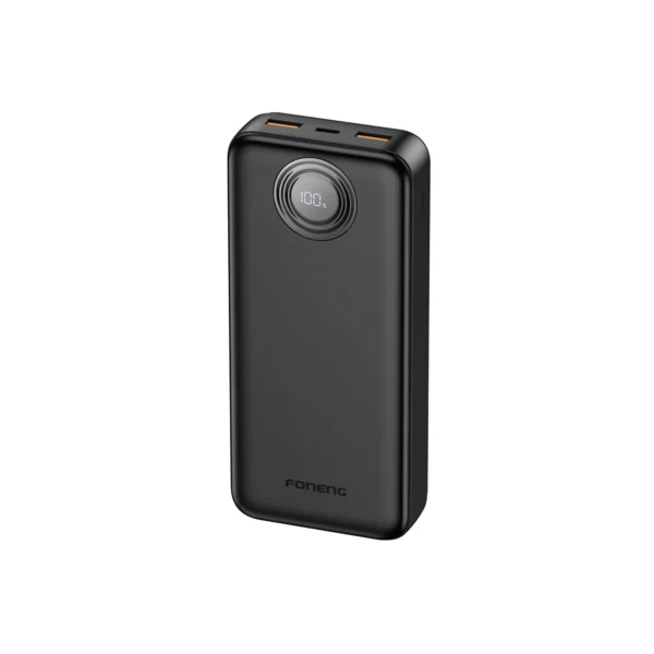 • Foneng PX102 20000mAh 22.5W Fast Charging Power Bank (3 Outputs) is a high-capacity and reliable portable charging solution designed for users who need stable multi-device charging with fast power delivery performance. Featuring a 20000mAh high-density polymer battery system, 22.5W fast charging support, and triple output ports, the PX102 ensures efficient and safe charging for smartphones, tablets, and other USB-powered devices. Its durable design, intelligent power regulation, and wide compatibility make it suitable for daily use, travel, and backup power needs. • 20000mAh High-Capacity Dual Battery System (1260110 ×2) provides extended backup power for multiple device charges, ensuring long-lasting usage throughout the day. • 22.5W Fast Charging Output Support delivers efficient and rapid charging performance for compatible smartphones and accessories. • Triple Output Ports (USB-C + USB-A + Shared Output System) allow simultaneous charging of multiple devices with stable power distribution. • USB-C PD Fast Charging Output (Up to 20W) supports 5V/3A, 9V/2.22A, and 12V/1.67A output for modern smartphones and devices. • Advanced PPS Smart Charging (5.0–5.9V/3A & 5.0–11V/2A) ensures optimized voltage control for safer and more efficient charging. • USB-A Output with 22.5W SCP Fast Charging Support delivers high-speed charging (10V/2.25A, 9V/2A, 12V/1.5A) for a wide range of devices. • High-Density Polymer Battery Construction ensures stable performance, safety, and efficient energy conversion. • Type-C Fast Input Charging (5V/3A, 9V/2A) allows quicker recharging of the power bank itself. • Durable Portable Design (145 × 70 × 30 mm, 420g) balances large capacity with portability for everyday and travel use. • Wide Device Compatibility supports smartphones, tablets, earbuds, and other USB-powered gadgets with ease. Specifications Product Name: Foneng PX102 20000mAh 22.5W Fast Charging Power Bank (3 Outputs) Brand: • Foneng Model: • PX102 Battery Capacity: • 20000mAh Battery Type: • Polymer Battery (1260110, 10000mAh ×2) Output Power: • Up to 22.5W Max Fast Charging Output Interfaces: • USB-C Output: 5V/3A, 9V/2.22A, 12V/1.67A (PD 20W) • PPS: 5.0–5.9V/3A, 5.0–11V/2A • USB-A Output: 5V/3A, 9V/2A, 12V/1.5A, SCP 10V/2.25A (22.5W Max) Input Interface: • Type-C Input: 5V/3A, 9V/2A Dimensions: • 145mm × 70mm × 30mm Weight: • ~420g Colors: • Black • White Features: • 20000mAh high capacity • 22.5W fast charging • Triple output support • PPS smart charging • Dual battery cell system • Type-C fast input • Multi-device compatibility
