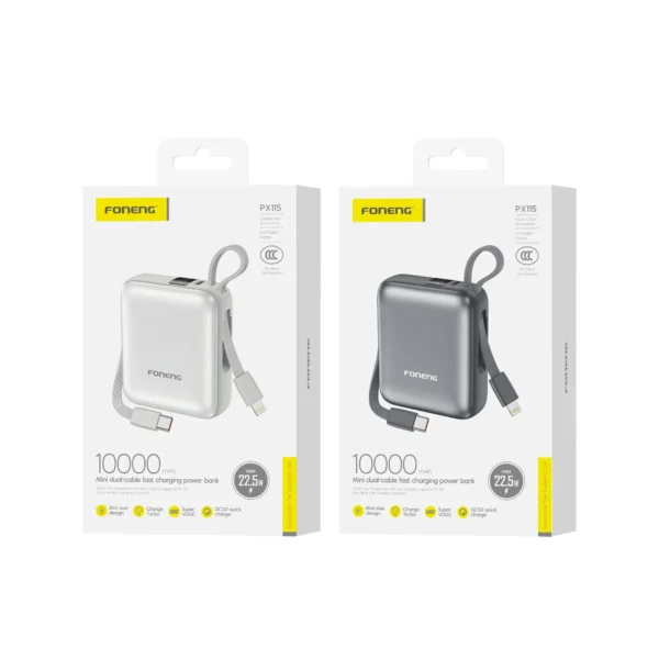 Foneng PX115 10000mAh Mini Power Bank with 2 Built-in Cables (22.5W)