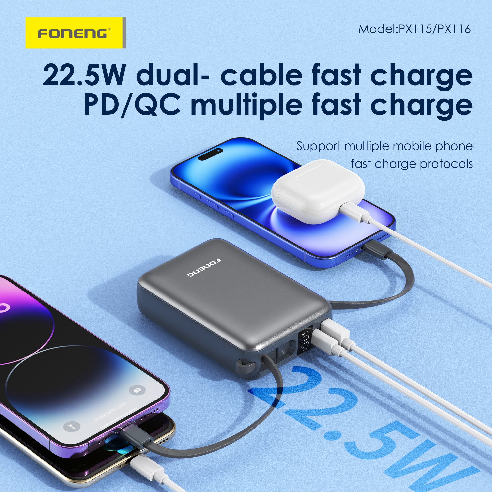 Foneng PX115 10000mAh Mini Power Bank with 2 Built in Cables 22 2