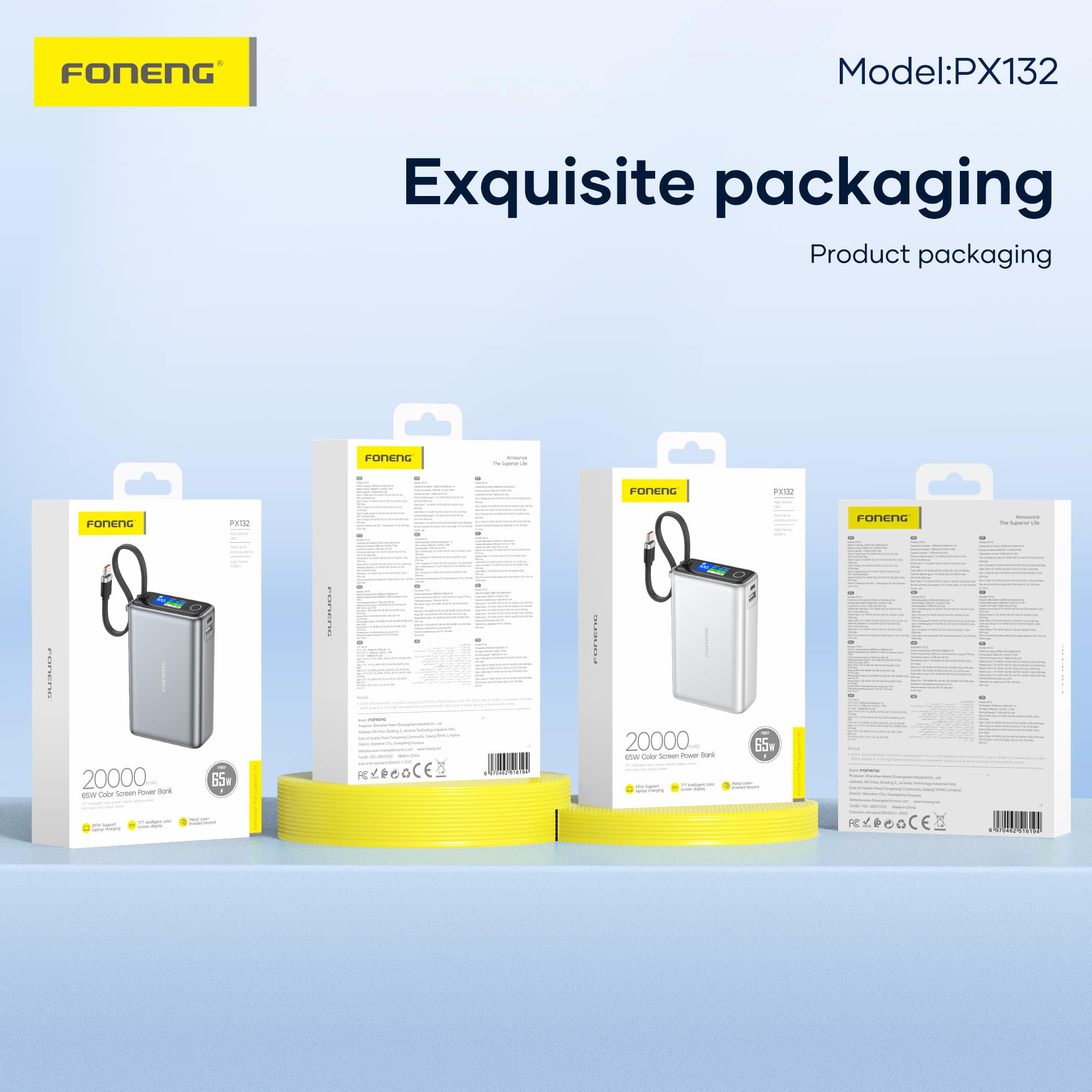 Foneng PX132 20000mAh Power Bank 65W 3 Outputs 1