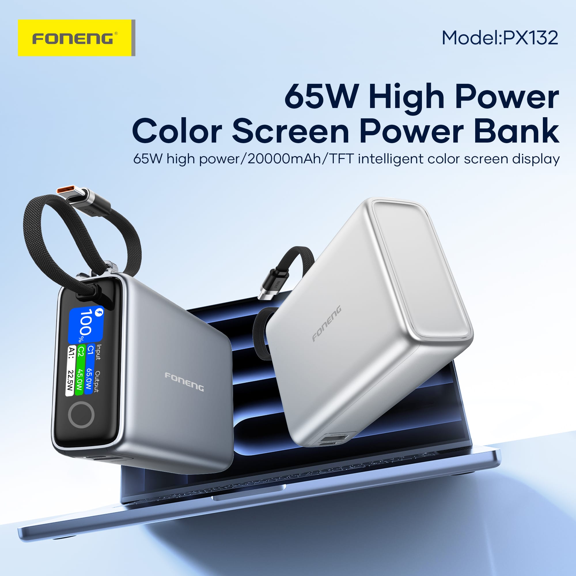 Foneng PX132 20000mAh Power Bank 65W 3 Outputs 2