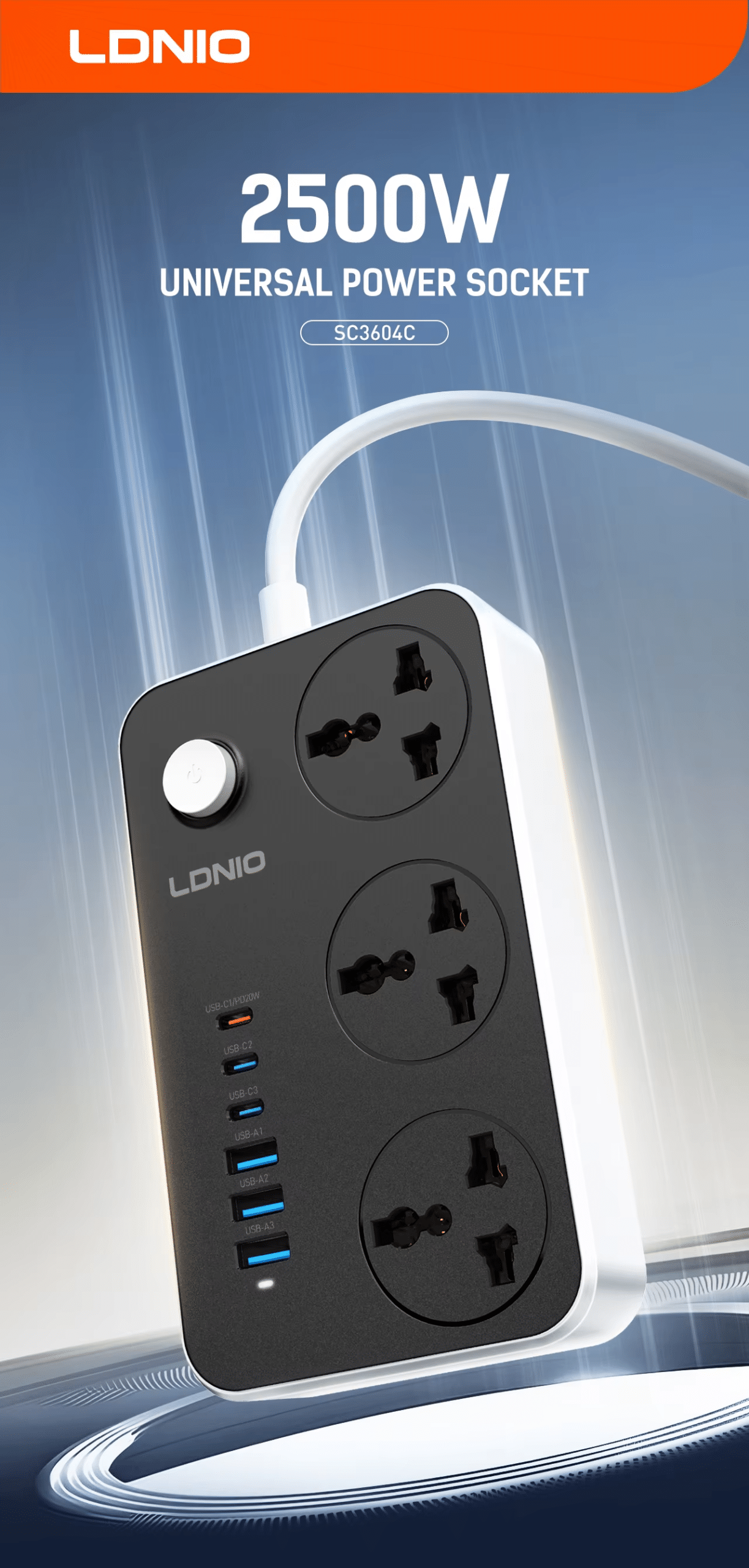 LDNIO SC3604C Power Socket with 3 Outlets Power Strip 1 scaled