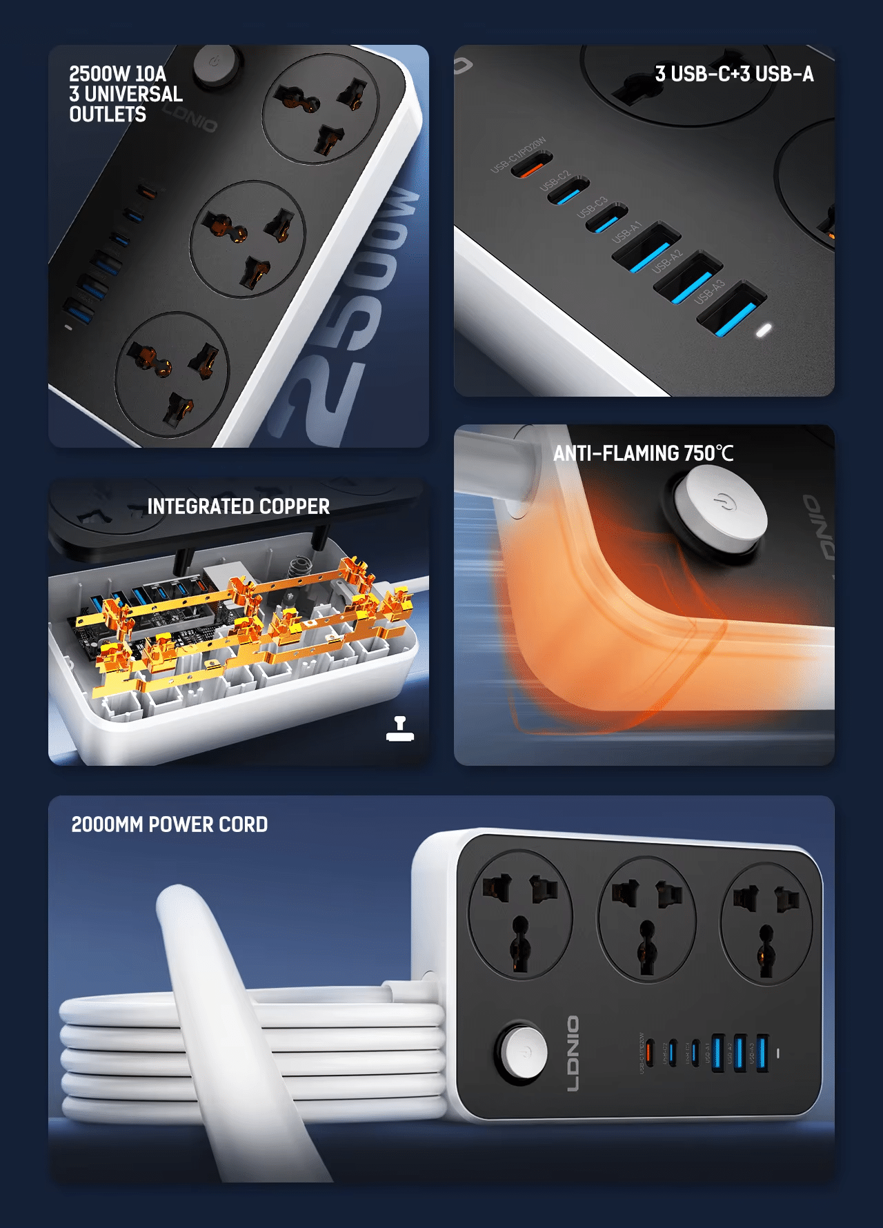 LDNIO SC3604C Power Socket with 3 Outlets Power Strip 2