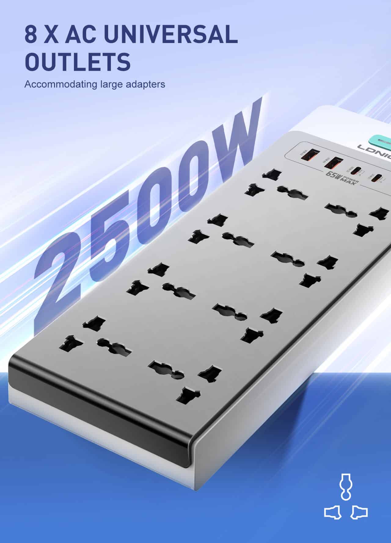 LDNIO SC4 13 in 1 Multi function power strip8 AC 2 USB C 2 USB A 1 Lightning 2