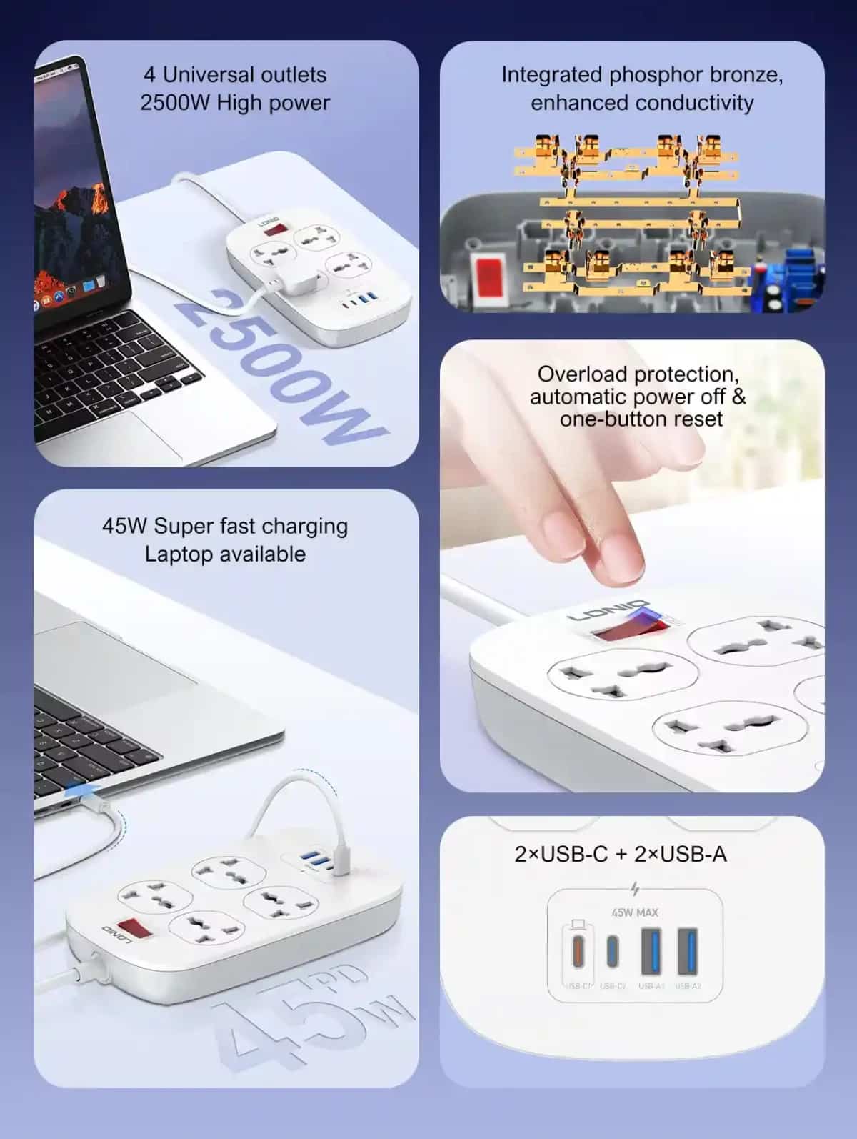 LDNIO SC4407C Universal Outlet 45W USB Power Strip with 4 AC outlets 2