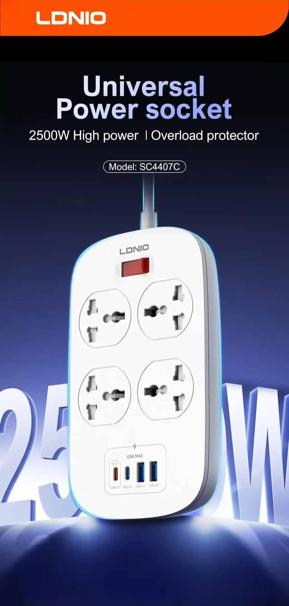 LDNIO SC4407C Universal Outlet 45W USB Power Strip with 4 AC outlets 3