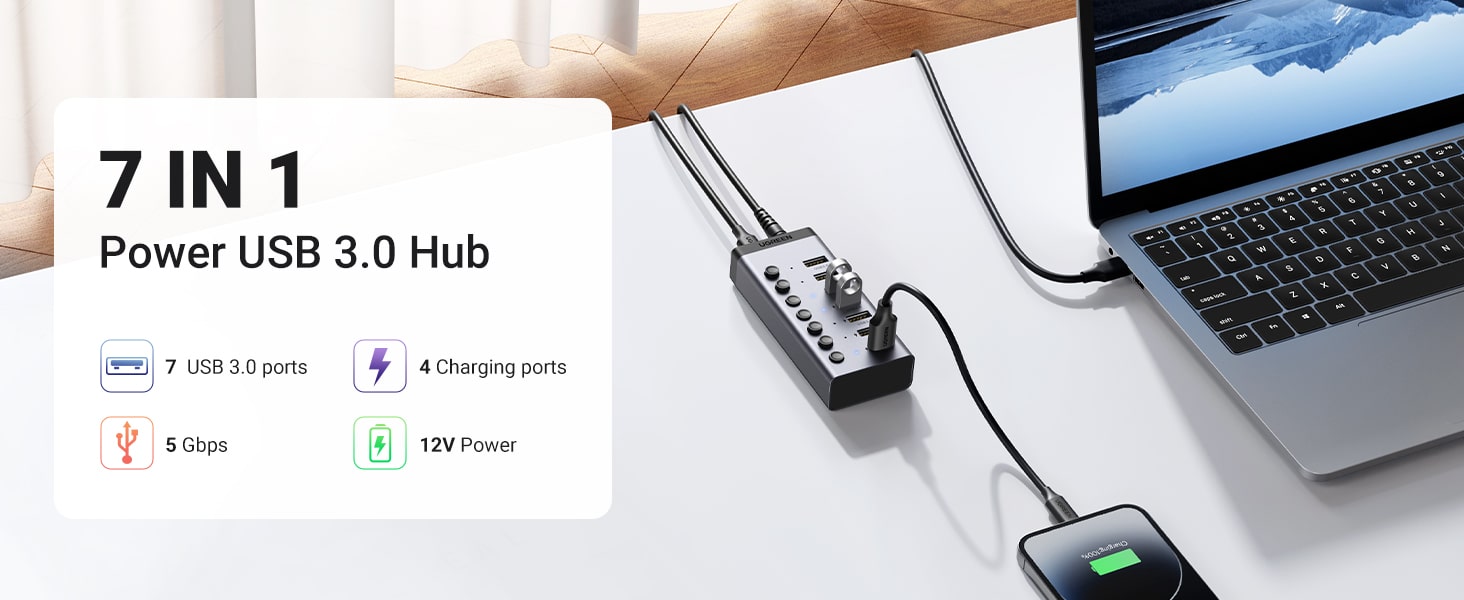 UGREEN 30778 7 Port USB 3.0 Hub with 4 Smart Charging Ports 3