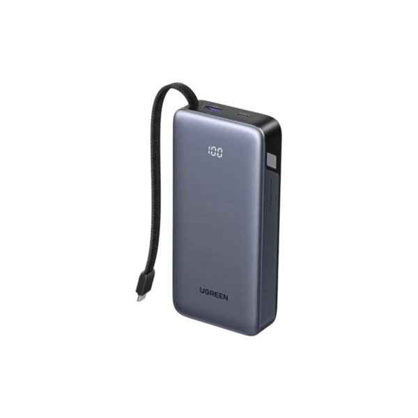 • UGREEN PB536 (55988B) Nexode Power Bank 20000mAh 45W with Built-in Cable is a premium high-capacity fast charging power bank designed for professionals, travelers, and everyday users who need reliable portable power. Featuring up to 45W USB-C fast charging, a built-in braided USB-C cable, and multi-device charging support, this compact power bank keeps smartphones, tablets, and accessories powered throughout the day. With a smart LED battery display and durable premium construction, it delivers convenience, speed, and long-lasting performance wherever you go. • 45W USB-C Fast Charging Output delivers rapid charging for smartphones, tablets, and compatible laptops, making it ideal for modern high-power devices. • Built-in Braided USB-C Cable provides convenient cable-free charging and recharging, eliminating the need to carry extra accessories. • Dual-Purpose Integrated Cable supports both input and output charging, allowing the power bank itself to recharge through the same built-in cable. • 3 Outputs for Simultaneous Charging includes built-in USB-C cable, USB-C port, and USB-A port to power up to three devices at once. • 20000mAh High-Capacity Battery provides multiple recharges for phones and extended backup power for tablets or accessories. • Smart LED Battery Display shows real-time remaining battery percentage for accurate power management. • 8.6-inch (22cm) Cable Length offers practical reach for charging while holding your phone or keeping devices nearby. • Braided Cable with Carry Loop Design resists tangling and wear while also functioning as a convenient carrying strap. • Wide Device Compatibility supports iPhone, Samsung Galaxy, iPad, earbuds, smartwatches, and many USB-powered devices. • Premium Fire-Resistant Build made from durable PC + Aluminum Alloy for better durability and heat resistance. Specifications Product Name: UGREEN PB536 (55988B) Nexode Power Bank 20000mAh 45W with Built-in Cable Brand: • UGREEN Model / SKU: • PB536 / 55988B Battery Capacity: • 20000mAh (Typical) Maximum Output Power: • Up to 45W Charging Ports / Outputs: • Built-in USB-C Cable • 1 × USB-C Port • 1 × USB-A Port Total Outputs: • Charge up to 3 devices simultaneously Input: • 5V–20V ⎓ 3.25A (Max) Built-in Cable Length: • 8.6 inches / 22 cm Display: • LED Battery Indicator Material: • Fire-resistant PC + Aluminum Alloy Features: • 45W fast charging • Built-in braided USB-C cable • Charge & recharge via same cable • 3-device simultaneous charging • 20000mAh large capacity • LED battery percentage display • Portable carry loop cable design • Wide device compatibility
