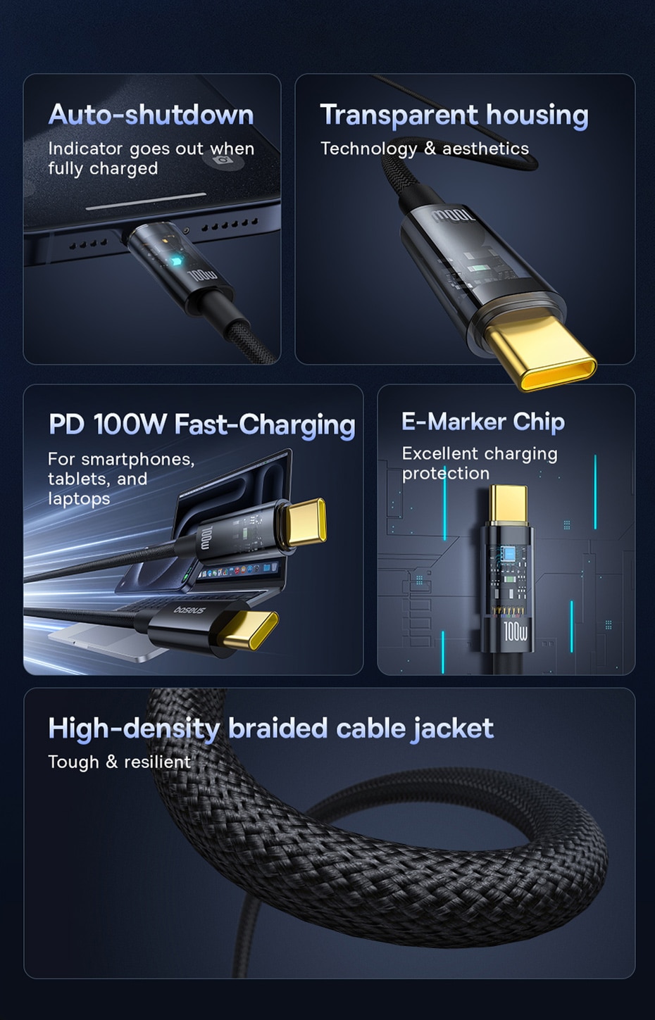 Baseus Explorer 100W Charging Cable USB C to USB C with Auto Shutdown 4