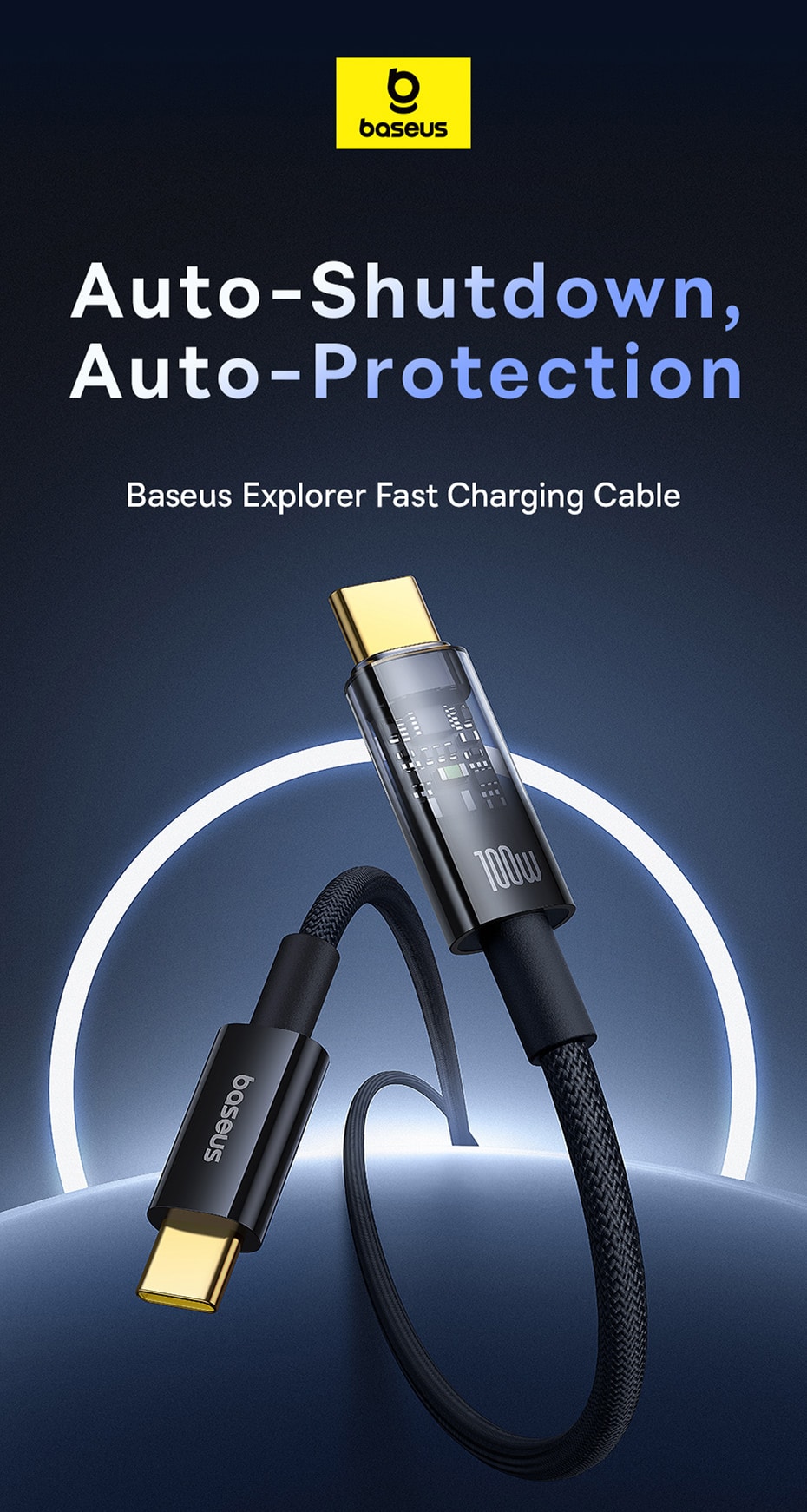 Baseus Explorer 100W Charging Cable USB C to USB C with Auto Shutdown 5