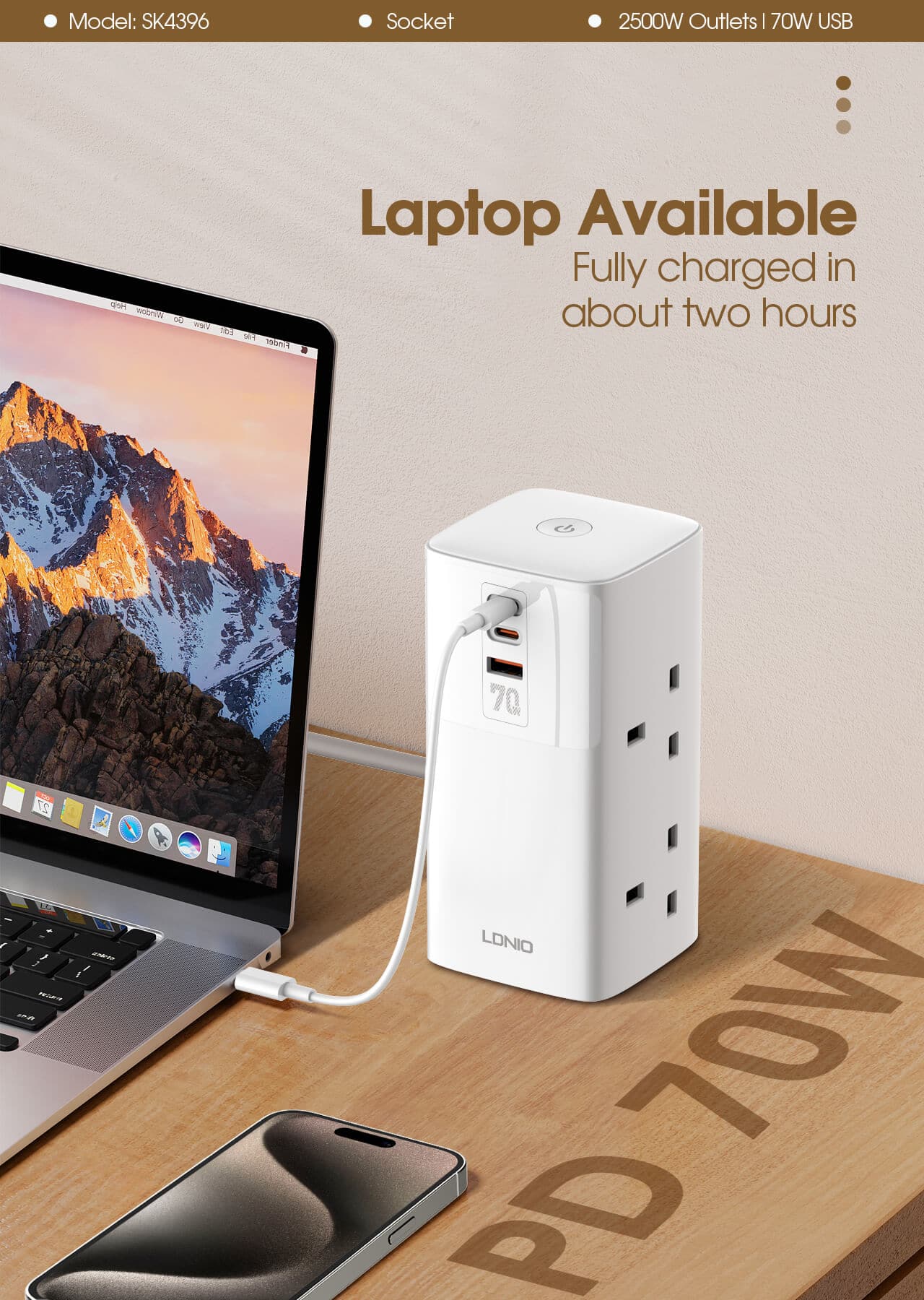 LDNIO SC4396 70W PD Adapter Multifunction Chargers Power Strip 3