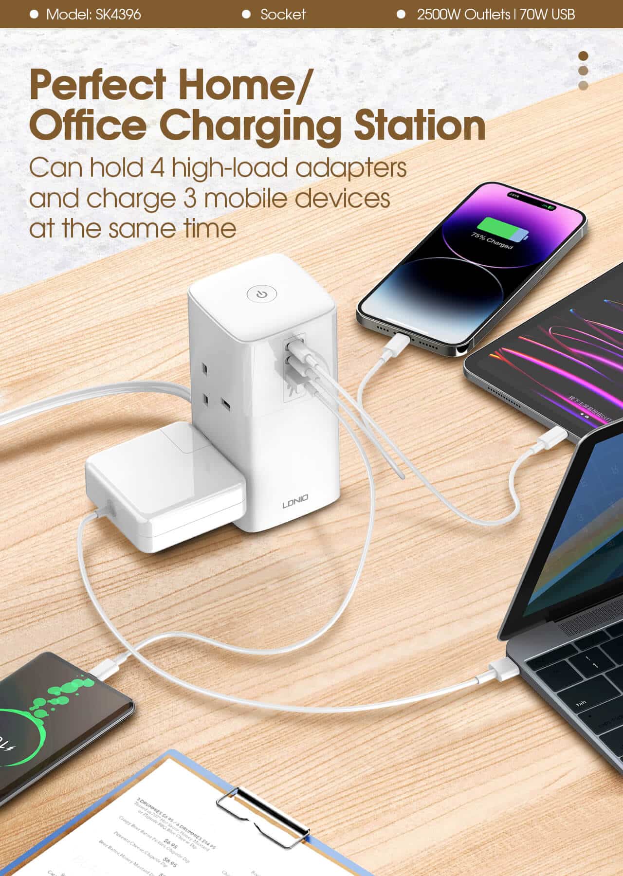 LDNIO SC4396 70W PD Adapter Multifunction Chargers Power Strip 4