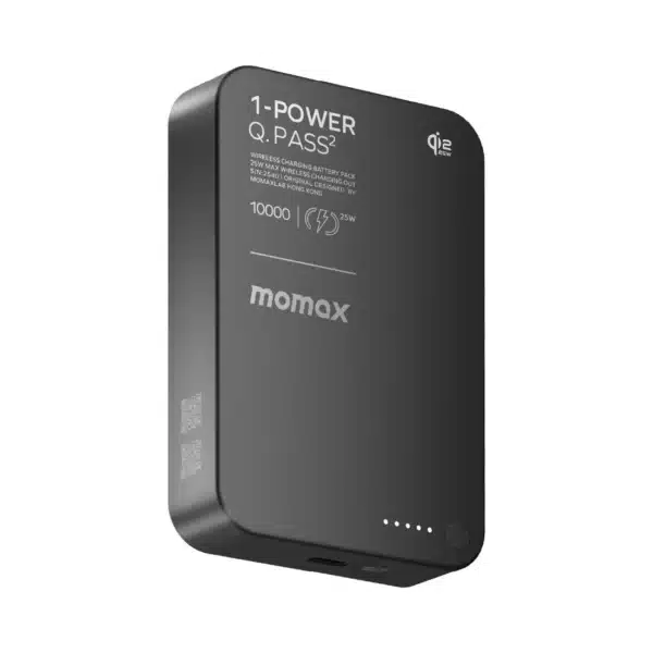 • **Momax 1-Power Q.Pass² 10000mAh Qi2 25W Magnetic Wireless Power Bank** is a next-generation premium magnetic wireless charging solution engineered for high-speed power delivery, intelligent multi-device charging, and luxurious portability. Equipped with genuine Qi2 25W certification, ultra-fast 30W USB-C Power Delivery, and a robust 10000mAh battery system, the Q.Pass² delivers exceptional charging performance for modern smartphones, tablets, earbuds, and other portable devices. Featuring premium metal and tempered glass construction, snap-on magnetic alignment, advanced safety protections, and compact ergonomic engineering, this power bank is designed for users who demand powerful performance with sophisticated style. • **Qi2 Certified 25W Magnetic Wireless Charging** delivers advanced Magnetic Power Profile (MPP) charging with faster wireless speeds, precise alignment, and highly efficient power transfer. • **10000mAh High-Capacity Battery System** provides dependable backup power for smartphones, accessories, and everyday portable devices during travel, work, or outdoor activities. • **30W USB-C Power Delivery Input & Output** supports ultra-fast charging for both recharging the power bank and powering compatible devices with high-speed wired performance. • **Dual-Device Simultaneous Charging** allows users to charge one device wirelessly while charging another through the USB-C port at the same time. • **Premium Glass & Aluminum Alloy Construction** combines durability, heat resistance, and elegant aesthetics for a luxurious modern finish. • **Instant Magnetic Snap-On Connection** automatically aligns supported devices securely for stable wireless charging with effortless attachment. • **Automatic Charging Activation** begins charging immediately once the device magnetically connects to the charging surface. • **Ultra-Compact Portable Design** maintains a slim and travel-friendly form factor despite the large battery capacity. • **Anti-Slip Rubber Edge Design** improves grip stability and helps prevent accidental slipping during use. • **Advanced Multi-Layer Safety Protection** safeguards against overcharging, overheating, overcurrent, short circuits, and voltage instability. • **International Safety Certifications** ensure reliable performance with CE, FCC, CCC, Qi2, RoHS, and UN38.3 compliance standards. --- ## **Specifications** ### **Product Name:** Momax 1-Power Q.Pass² 10000mAh Qi2 25W Magnetic Wireless Power Bank ### **Battery Capacity:** • Battery Power: 5000mAh 7.74V (38.7Wh) • Rated Capacity: 6000mAh (5V⎓2.4A) ### **Battery Type:** • Two Cells in Series ### **Wireless Charging:** • Qi2 25W Certified • Magnetic Power Profile (MPP) 25W Wireless Output ### **USB-C Input:** • PD 30W Fast Input ### **USB-C Output:** • 5V⎓2.4A • 9V⎓3A • 12V⎓2.5A • 15V⎓2A • 20V⎓1.5A • Maximum Output: PD30W ### **Dual Output:** • 5V⎓3A ### **Material:** • Glass • Aluminum Alloy • Fireproof PC • ABS ### **Safety Features:** • Overcurrent Protection • Overvoltage Protection • Short Circuit Protection • Overtemperature Protection • Intelligent Power Management ### **Certifications:** • CE Certified • FCC Certified • CCC Certified • Qi2 25W Certified • RoHS Certified • UN38.3 Certified ### **Dimensions:** • 103 × 68.5 × 20.5 mm ### **Weight:** • 236g ### **SKU:** • IP168Q22D • IP168Q22L • IP168Q22M --- ## **Q&A** ### **Q1: What is the maximum wireless charging speed of the Q.Pass²?** The power bank supports up to 25W Qi2-certified magnetic wireless fast charging. ### **Q2: Does this power bank support MagSafe-compatible iPhones?** Yes, it supports magnetic wireless charging for MagSafe-compatible iPhones and Qi2-supported devices. ### **Q3: Can I charge two devices at the same time?** Yes, you can charge one device wirelessly and another device through the USB-C port simultaneously. ### **Q4: What is the maximum USB-C charging speed?** The USB-C port supports up to 30W Power Delivery input and output. ### **Q5: Is this suitable for tablets and larger devices?** Yes, the 30W PD output can charge compatible tablets, smartphones, gaming accessories, and other USB-C devices. ### **Q6: Does the magnetic connection stay secure during movement?** Yes, the strong magnetic alignment system helps maintain stable attachment during normal daily use. ### **Q7: Is the power bank safe for long-term usage?** Yes, it includes advanced safety systems for temperature control, overcurrent protection, short circuit protection, and voltage regulation. ### **Q8: What materials are used in the construction?** The body is built using premium glass, aluminum alloy, fireproof PC, and ABS materials. ### **Q9: Can I use the wireless charging feature with Android phones?** Yes, compatible Qi-enabled Android phones with magnetic-compatible cases can use the wireless charging feature. ### **Q10: Is it travel friendly?** Yes, despite its powerful battery capacity, the slim compact design makes it easy to carry in bags or pockets. ### **Q11: Does charging begin automatically after attachment?** Yes, charging activates automatically once the device magnetically snaps into position. ### **Q12: What certifications does this power bank have?** It carries CE, FCC, CCC, Qi2 25W, RoHS, and UN38.3 certifications for safety and quality assurance. ### **Q13: Can it charge earbuds wirelessly?** Yes, it supports wireless charging for compatible earbuds and accessories that support Qi charging. ### **Q14: Is the exterior resistant to heat and wear?** Yes, the premium materials and fireproof construction improve durability and heat resistance during operation. ### **Q15: Who is this power bank best suited for?** It is ideal for professionals, travelers, heavy smartphone users, and anyone needing premium high-speed portable charging with magnetic convenience.