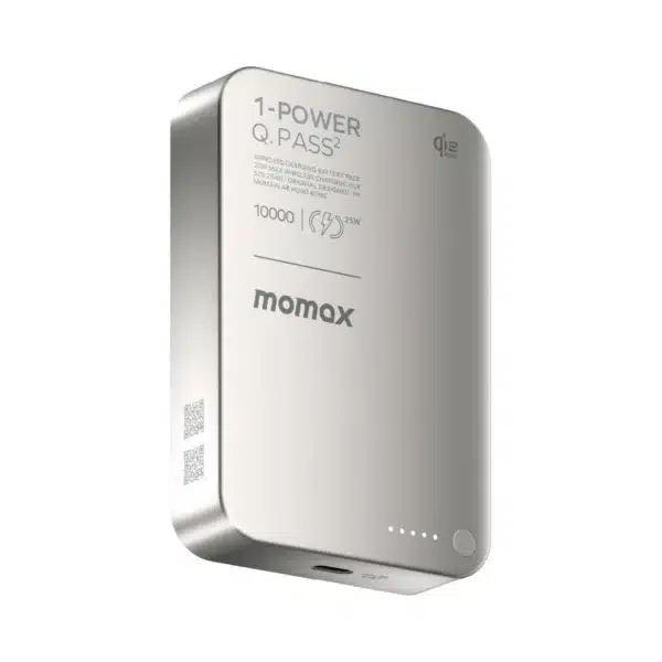 • **Momax 1-Power Q.Pass² 10000mAh Qi2 25W Magnetic Wireless Power Bank** is a next-generation premium magnetic wireless charging solution engineered for high-speed power delivery, intelligent multi-device charging, and luxurious portability. Equipped with genuine Qi2 25W certification, ultra-fast 30W USB-C Power Delivery, and a robust 10000mAh battery system, the Q.Pass² delivers exceptional charging performance for modern smartphones, tablets, earbuds, and other portable devices. Featuring premium metal and tempered glass construction, snap-on magnetic alignment, advanced safety protections, and compact ergonomic engineering, this power bank is designed for users who demand powerful performance with sophisticated style. • **Qi2 Certified 25W Magnetic Wireless Charging** delivers advanced Magnetic Power Profile (MPP) charging with faster wireless speeds, precise alignment, and highly efficient power transfer. • **10000mAh High-Capacity Battery System** provides dependable backup power for smartphones, accessories, and everyday portable devices during travel, work, or outdoor activities. • **30W USB-C Power Delivery Input & Output** supports ultra-fast charging for both recharging the power bank and powering compatible devices with high-speed wired performance. • **Dual-Device Simultaneous Charging** allows users to charge one device wirelessly while charging another through the USB-C port at the same time. • **Premium Glass & Aluminum Alloy Construction** combines durability, heat resistance, and elegant aesthetics for a luxurious modern finish. • **Instant Magnetic Snap-On Connection** automatically aligns supported devices securely for stable wireless charging with effortless attachment. • **Automatic Charging Activation** begins charging immediately once the device magnetically connects to the charging surface. • **Ultra-Compact Portable Design** maintains a slim and travel-friendly form factor despite the large battery capacity. • **Anti-Slip Rubber Edge Design** improves grip stability and helps prevent accidental slipping during use. • **Advanced Multi-Layer Safety Protection** safeguards against overcharging, overheating, overcurrent, short circuits, and voltage instability. • **International Safety Certifications** ensure reliable performance with CE, FCC, CCC, Qi2, RoHS, and UN38.3 compliance standards. --- ## **Specifications** ### **Product Name:** Momax 1-Power Q.Pass² 10000mAh Qi2 25W Magnetic Wireless Power Bank ### **Battery Capacity:** • Battery Power: 5000mAh 7.74V (38.7Wh) • Rated Capacity: 6000mAh (5V⎓2.4A) ### **Battery Type:** • Two Cells in Series ### **Wireless Charging:** • Qi2 25W Certified • Magnetic Power Profile (MPP) 25W Wireless Output ### **USB-C Input:** • PD 30W Fast Input ### **USB-C Output:** • 5V⎓2.4A • 9V⎓3A • 12V⎓2.5A • 15V⎓2A • 20V⎓1.5A • Maximum Output: PD30W ### **Dual Output:** • 5V⎓3A ### **Material:** • Glass • Aluminum Alloy • Fireproof PC • ABS ### **Safety Features:** • Overcurrent Protection • Overvoltage Protection • Short Circuit Protection • Overtemperature Protection • Intelligent Power Management ### **Certifications:** • CE Certified • FCC Certified • CCC Certified • Qi2 25W Certified • RoHS Certified • UN38.3 Certified ### **Dimensions:** • 103 × 68.5 × 20.5 mm ### **Weight:** • 236g ### **SKU:** • IP168Q22D • IP168Q22L • IP168Q22M --- ## **Q&A** ### **Q1: What is the maximum wireless charging speed of the Q.Pass²?** The power bank supports up to 25W Qi2-certified magnetic wireless fast charging. ### **Q2: Does this power bank support MagSafe-compatible iPhones?** Yes, it supports magnetic wireless charging for MagSafe-compatible iPhones and Qi2-supported devices. ### **Q3: Can I charge two devices at the same time?** Yes, you can charge one device wirelessly and another device through the USB-C port simultaneously. ### **Q4: What is the maximum USB-C charging speed?** The USB-C port supports up to 30W Power Delivery input and output. ### **Q5: Is this suitable for tablets and larger devices?** Yes, the 30W PD output can charge compatible tablets, smartphones, gaming accessories, and other USB-C devices. ### **Q6: Does the magnetic connection stay secure during movement?** Yes, the strong magnetic alignment system helps maintain stable attachment during normal daily use. ### **Q7: Is the power bank safe for long-term usage?** Yes, it includes advanced safety systems for temperature control, overcurrent protection, short circuit protection, and voltage regulation. ### **Q8: What materials are used in the construction?** The body is built using premium glass, aluminum alloy, fireproof PC, and ABS materials. ### **Q9: Can I use the wireless charging feature with Android phones?** Yes, compatible Qi-enabled Android phones with magnetic-compatible cases can use the wireless charging feature. ### **Q10: Is it travel friendly?** Yes, despite its powerful battery capacity, the slim compact design makes it easy to carry in bags or pockets. ### **Q11: Does charging begin automatically after attachment?** Yes, charging activates automatically once the device magnetically snaps into position. ### **Q12: What certifications does this power bank have?** It carries CE, FCC, CCC, Qi2 25W, RoHS, and UN38.3 certifications for safety and quality assurance. ### **Q13: Can it charge earbuds wirelessly?** Yes, it supports wireless charging for compatible earbuds and accessories that support Qi charging. ### **Q14: Is the exterior resistant to heat and wear?** Yes, the premium materials and fireproof construction improve durability and heat resistance during operation. ### **Q15: Who is this power bank best suited for?** It is ideal for professionals, travelers, heavy smartphone users, and anyone needing premium high-speed portable charging with magnetic convenience.