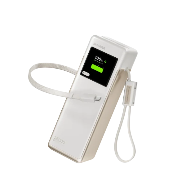 • **SHARGE HyperTower 170 Power Bank (4-in-1, 170W, 25K)** is a flagship ultra-high-power portable charging station designed for professionals, creators, travelers, gamers, and heavy multi-device users. Featuring up to 170W total output, intelligent 4-channel fast charging, dual built-in USB-C cables, a massive 25,000mAh battery, and real-time smart display monitoring, this premium power bank delivers desktop-grade charging performance in a compact travel-friendly form factor. With advanced thermal management, premium automotive-grade battery cells, and simultaneous charging for up to four devices, the HyperTower 170 is engineered for demanding everyday productivity and travel power needs. • **170W Maximum Total Output** delivers ultra-fast charging performance for laptops, tablets, smartphones, gaming devices, and accessories simultaneously. • **25,000mAh High-Capacity Battery** provides long-lasting backup power for work, travel, business trips, gaming, and outdoor use. • **100W Single-Port Fast Charging** supports high-speed charging for compatible laptops and flagship smartphones with minimal downtime. • **4-Device Simultaneous Charging** intelligently distributes power across connected devices for stable and optimized charging efficiency. • **Built-in Dual USB-C Cables** include one retractable USB-C cable and one integrated USB-C cable for clutter-free portable charging. • **100W Ultra-Fast Self-Recharge** allows the power bank to recharge significantly faster than conventional high-capacity models. • **Real-Time Smart Display Screen** shows charging speed, battery percentage, output information, and power status for complete charging control. • **Premium Automotive-Grade Battery Cells** provide enhanced durability, charging stability, safety, and long-term performance reliability. • **Advanced Heat Control System** helps maintain safe operating temperatures and consistent charging performance during heavy usage. • **Compact Soda-Can Sized Design** delivers powerful charging capabilities while remaining portable and airline-friendly for travel convenience. --- ## **Specifications** ### **Product Name:** SHARGE HyperTower 170 Power Bank ### **Model:** • X6 ### **Battery Capacity:** • 25,000mAh ### **Rated Battery Capacity:** • 14,500mAh (5V⎓3A) ### **Maximum Total Output:** • 170W ### **Maximum Single-Port Output:** • 100W ### **Charging Capability:** • Supports Charging Up To 4 Devices Simultaneously ### **Port Configuration:** • USB-C Port ×1 • Built-in USB-C Cable ×2 • USB-A Port ×1 ### **Input Specifications:** #### **USB-C1 Cable Input:** • 5V⎓3A • 9V⎓3A • 12V⎓3A • 15V⎓3A • 20V⎓5A #### **USB-C2 Cable Input:** • 5V⎓3A • 9V⎓3A • 12V⎓3A • 15V⎓3A • 20V⎓5A #### **USB-C3 Input:** • 5V⎓3A • 9V⎓3A • 12V⎓3A • 15V⎓3A • 20V⎓5A ### **Single-Port Output:** #### **USB-C1 / USB-C2 / USB-C3:** • 5V⎓3A • 9V⎓3A • 11V⎓6.1A • 12V⎓3A • 15V⎓3A • 20V⎓5A • 20V⎓6A #### **USB-A Output:** • 5V⎓3A • 9V⎓3A • 11V⎓6.1A • 12V⎓2.5A • 20V⎓1.5A ### **Multi-Port Charging Support:** • Dual-port charging up to 100W + 65W • Triple-port intelligent distribution • Quad-port charging up to 170W total output ### **Conversion Rate:** • ≥80% ### **Material & Build:** • Premium Durable Construction • Automotive-Grade Battery Cells ### **Dimensions:** • 159.8 × 53.4 × 52.2 mm ### **Weight:** • Approx. 665g ### **Special Features:** • Integrated dual USB-C cables • Retractable cable design • Smart display monitoring • Intelligent power distribution • Airline approved • Advanced thermal management • High durability internal frame --- ## **Q&A** ### **Q1: How many devices can the HyperTower 170 charge simultaneously?** It can charge up to four devices at the same time. ### **Q2: What is the maximum charging output?** The maximum combined output is 170W. ### **Q3: Does it support laptop charging?** Yes, the 100W single-port output supports fast charging for compatible laptops and tablets. ### **Q4: Are charging cables included?** Yes, it features two built-in USB-C cables, including one retractable cable. ### **Q5: Is the power bank airline approved?** Yes, the HyperTower 170 is airline approved for travel use. ### **Q6: Does it support fast self-recharging?** Yes, it supports up to 100W ultra-fast self-recharging. ### **Q7: What type of display does it have?** It includes a smart real-time display showing battery level, charging speed, and output information. ### **Q8: Is it suitable for gaming devices and tablets?** Yes, it supports smartphones, gaming devices, tablets, laptops, and other USB-powered electronics. ### **Q9: Does the power bank include safety and heat management features?** Yes, it uses advanced heat control and premium automotive-grade battery cells for safe charging. ### **Q10: Is the HyperTower 170 portable despite its large capacity?** Yes, it features a compact soda-can-sized design for easier portability and travel convenience.